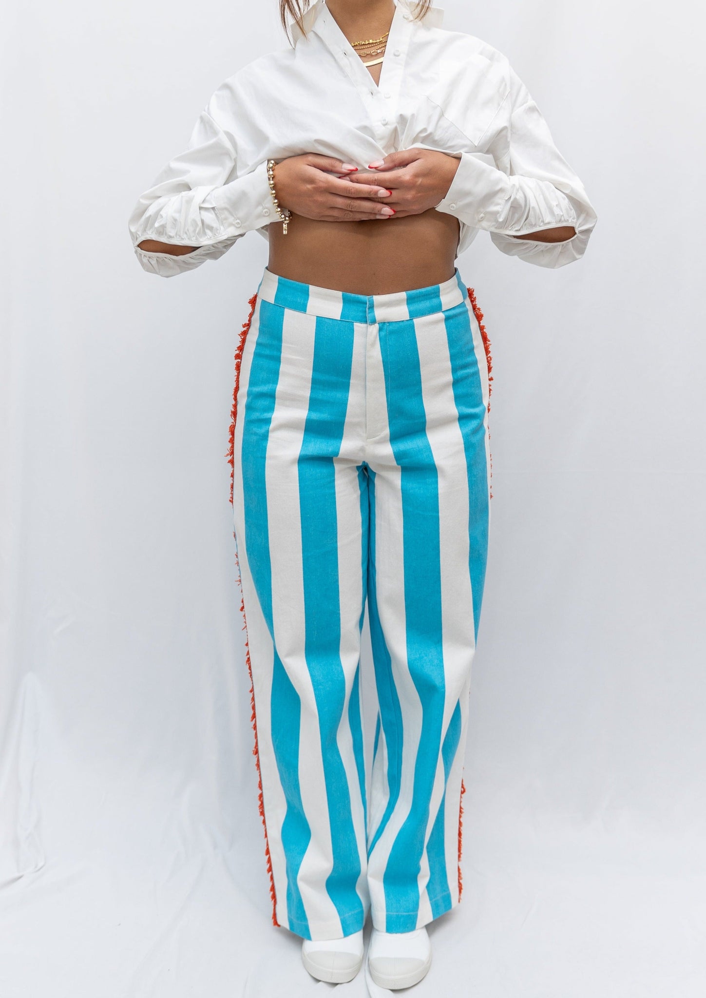 NEVER FULLY DRESSED MARRA STRIPED TROUSERS