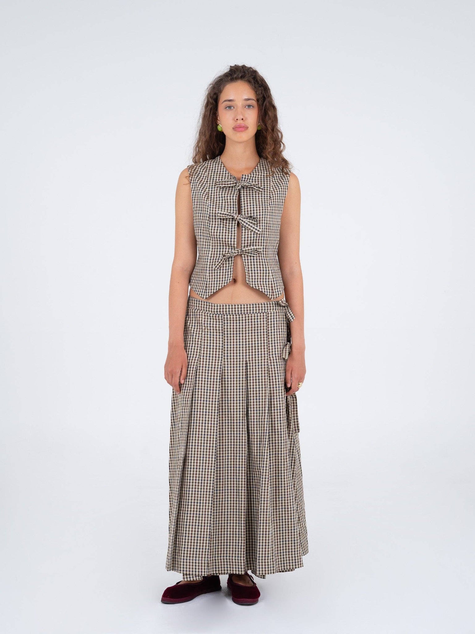 HEATHER GINGHAM PLEATED MAXI SKIRT