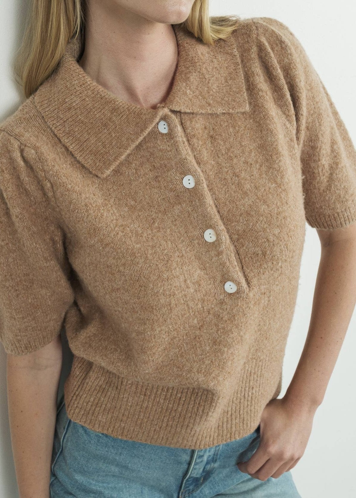 CARLIE PUFF SLEEVE POLO SWEATER