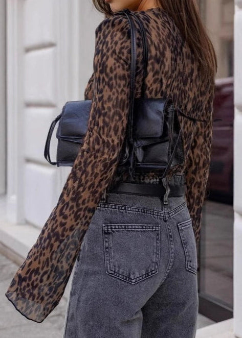 LEOPARD SHEER V-NECK FLUTTER SLEEVE BLOUSE