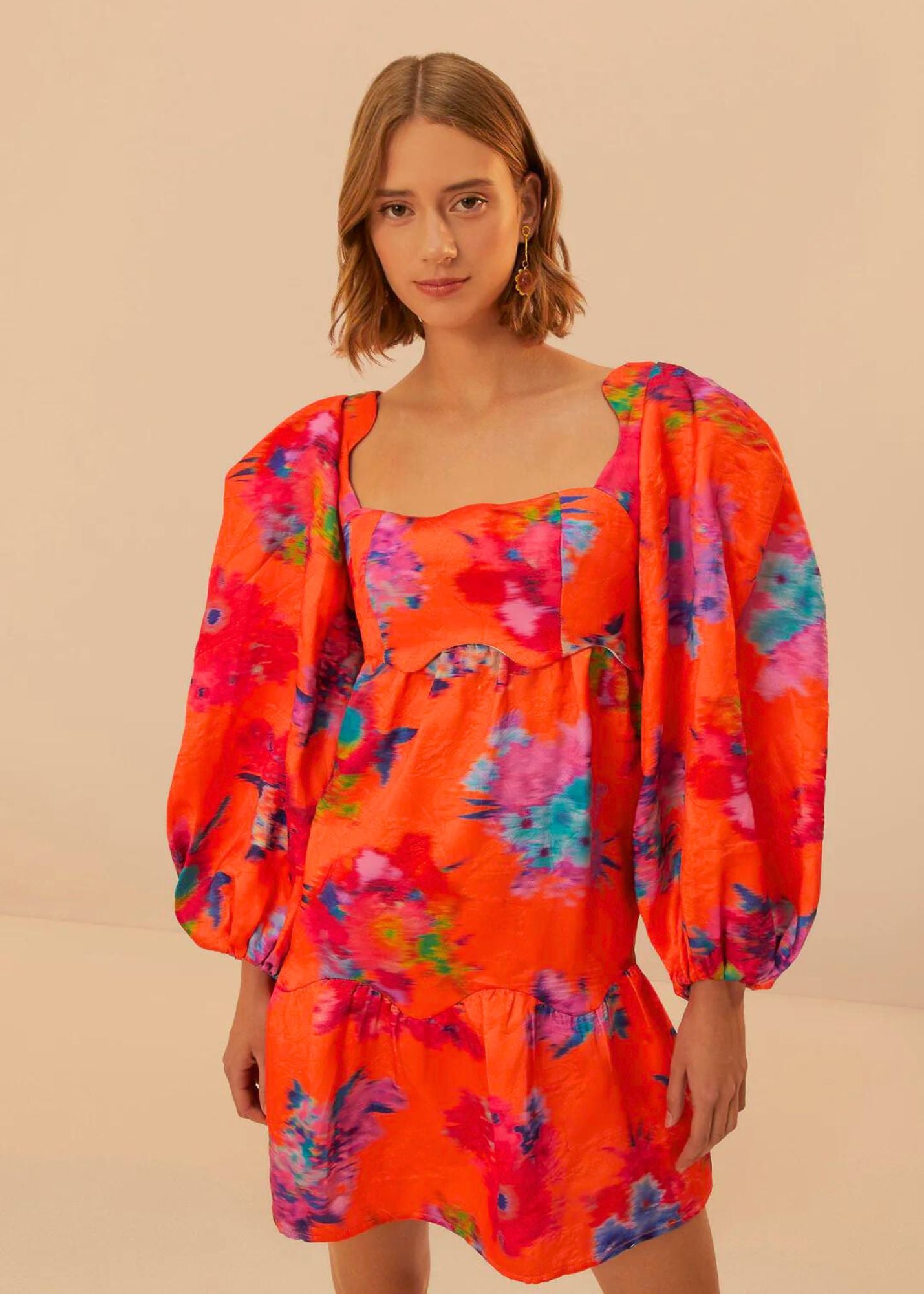 FARM RIO BOUQUET IKAT ORANGE BROCADE LONG SLEEVE MINI DRESS