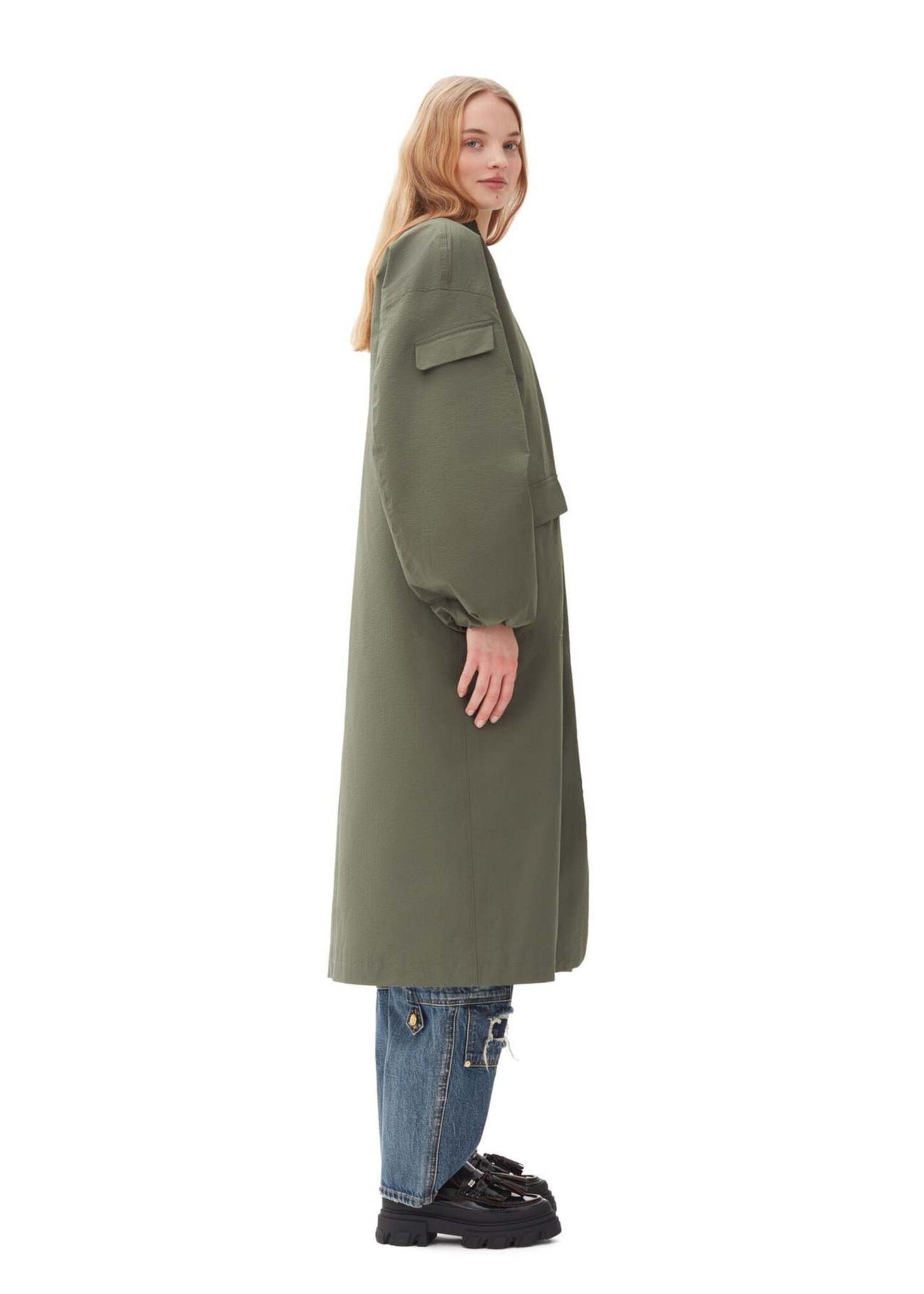 GANNI TECH SEERSUCKER OVERSIZED SHELL COAT