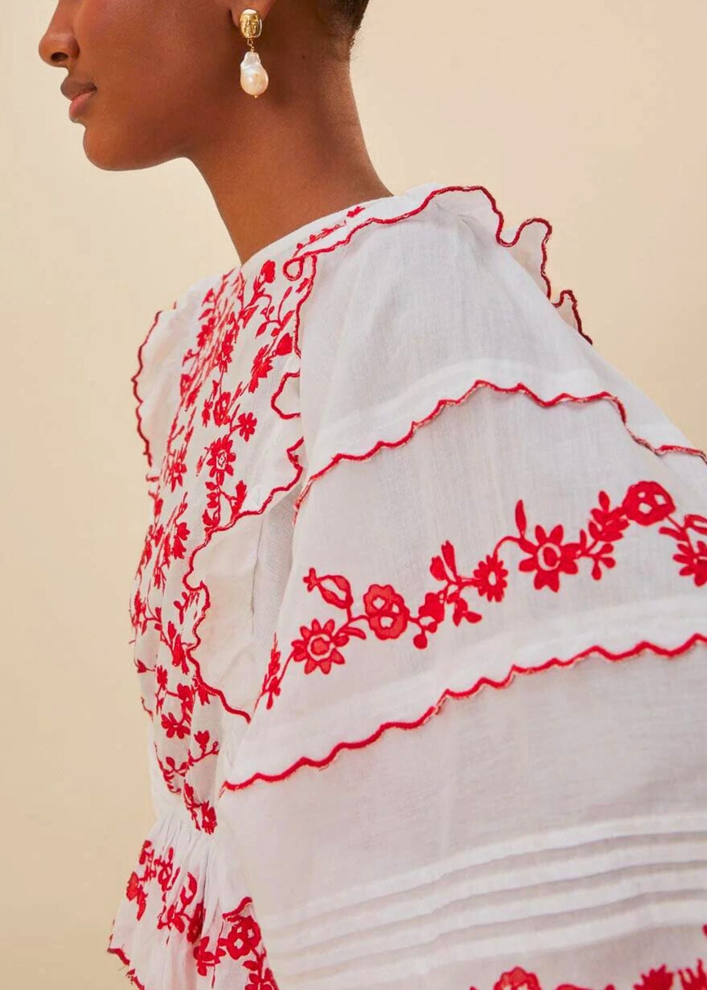 FARM RIO OFF-WHITE WITH RED EMBROIDERED LONG SLEEVE BLOUSE