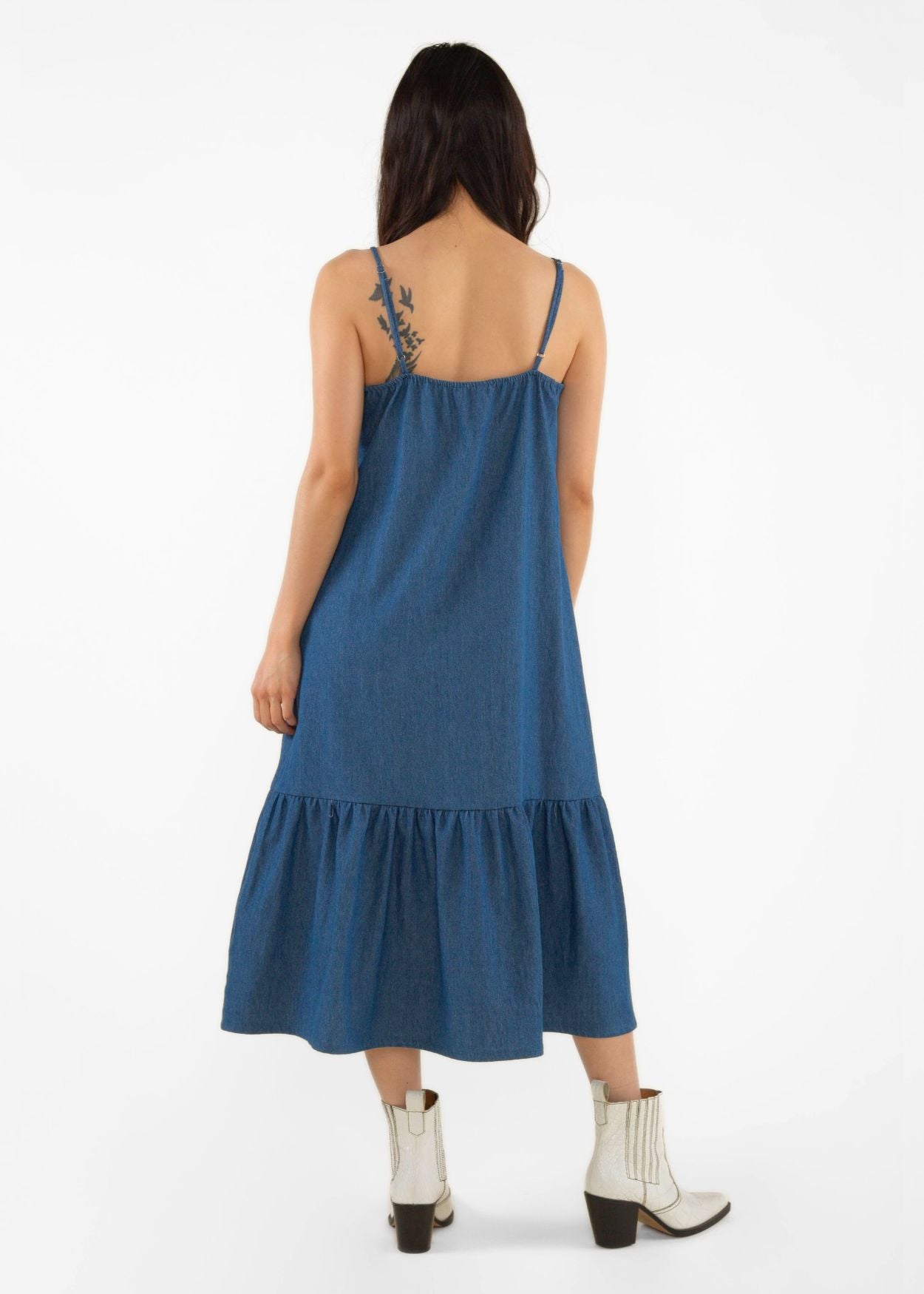 JESSI DENIM RUFFLE MIDI DRESS