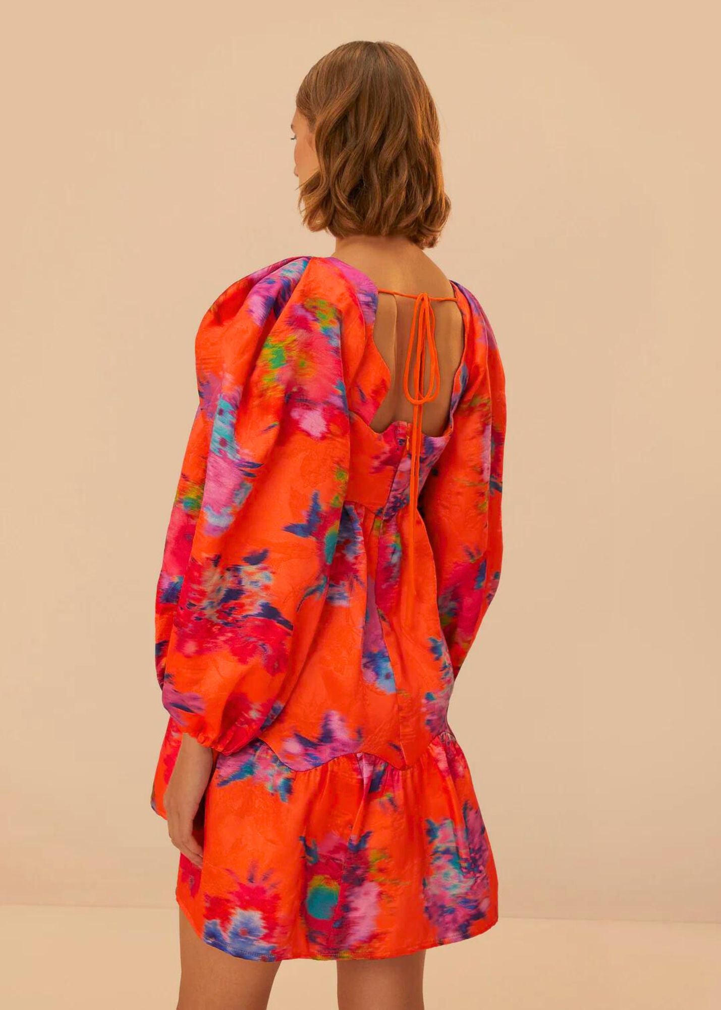 FARM RIO BOUQUET IKAT ORANGE BROCADE LONG SLEEVE MINI DRESS