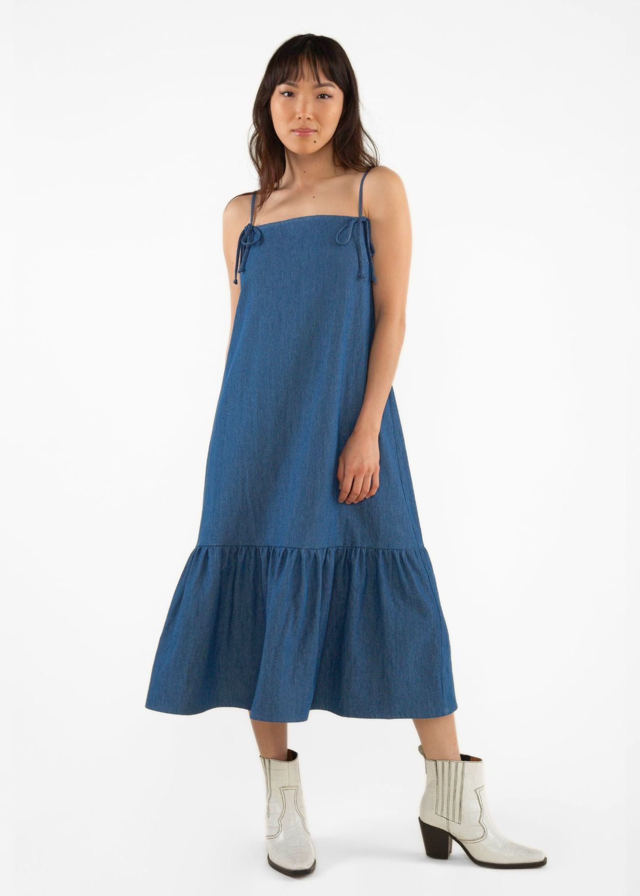 JESSI DENIM RUFFLE MIDI DRESS