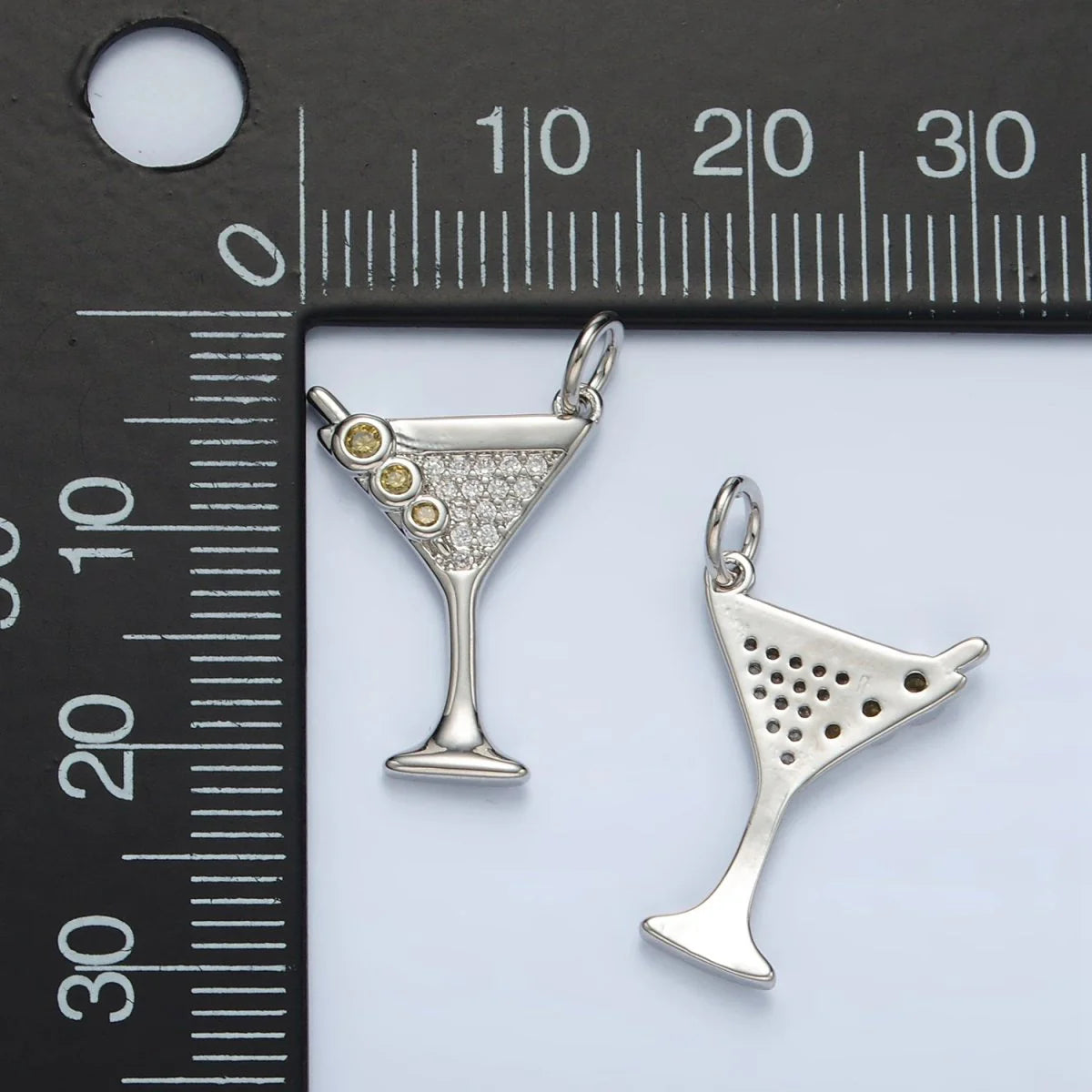 MARTINI GLASS CHARM WITH RHINESTONES AND GREEN OLIVES