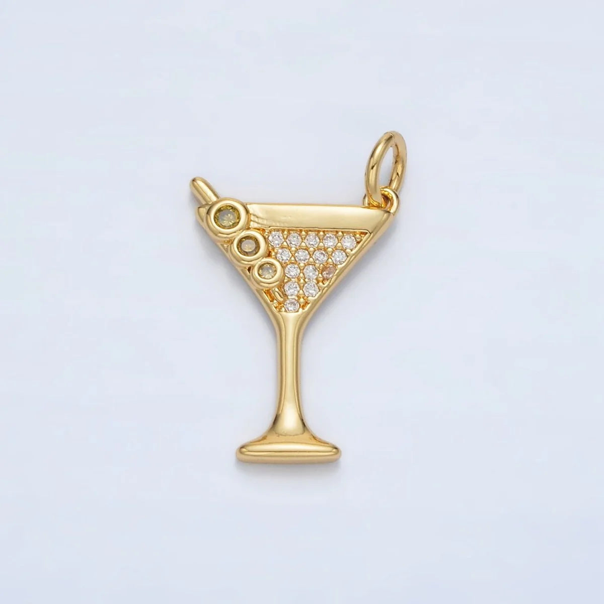 MARTINI GLASS CHARM WITH RHINESTONES AND GREEN OLIVES