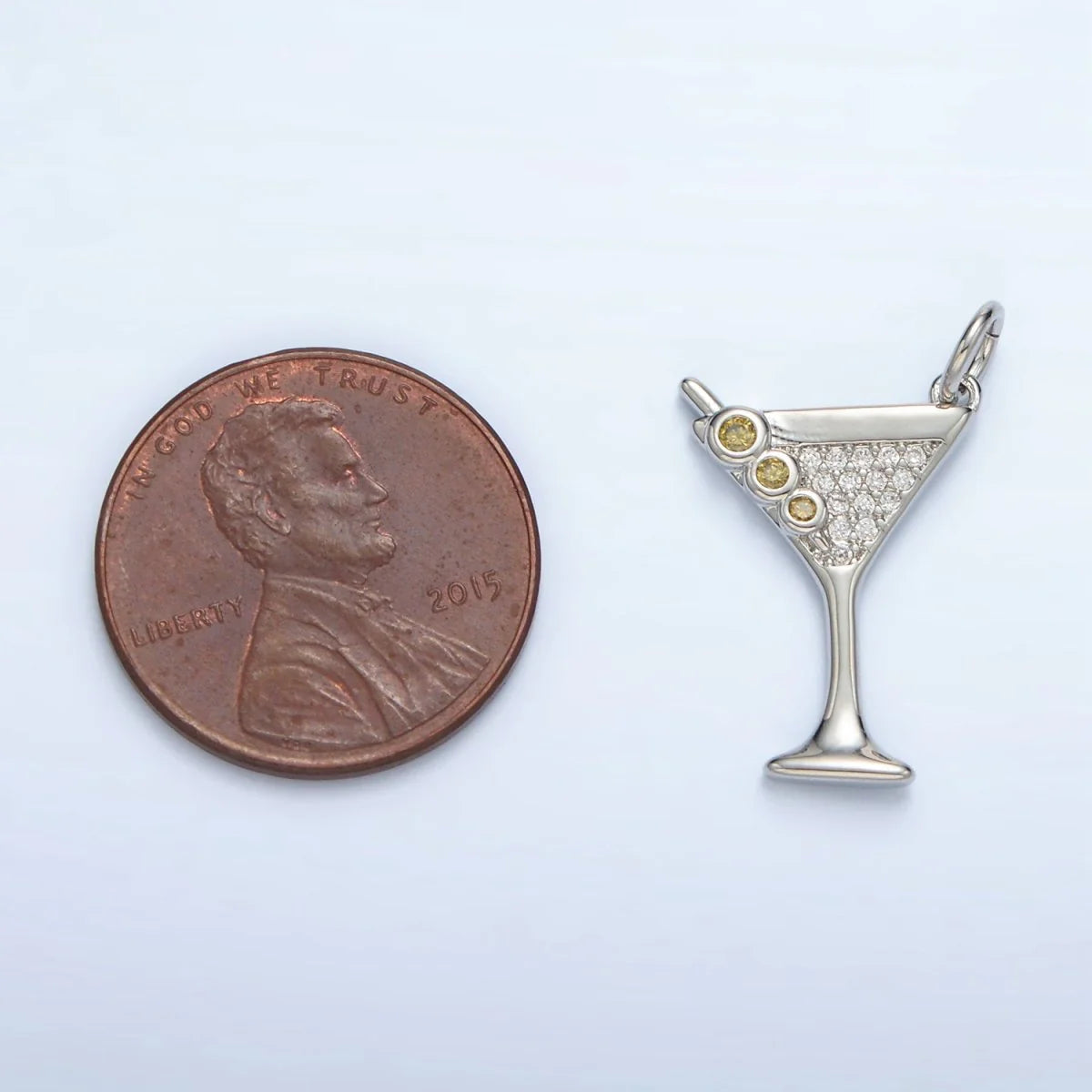 MARTINI GLASS CHARM WITH RHINESTONES AND GREEN OLIVES