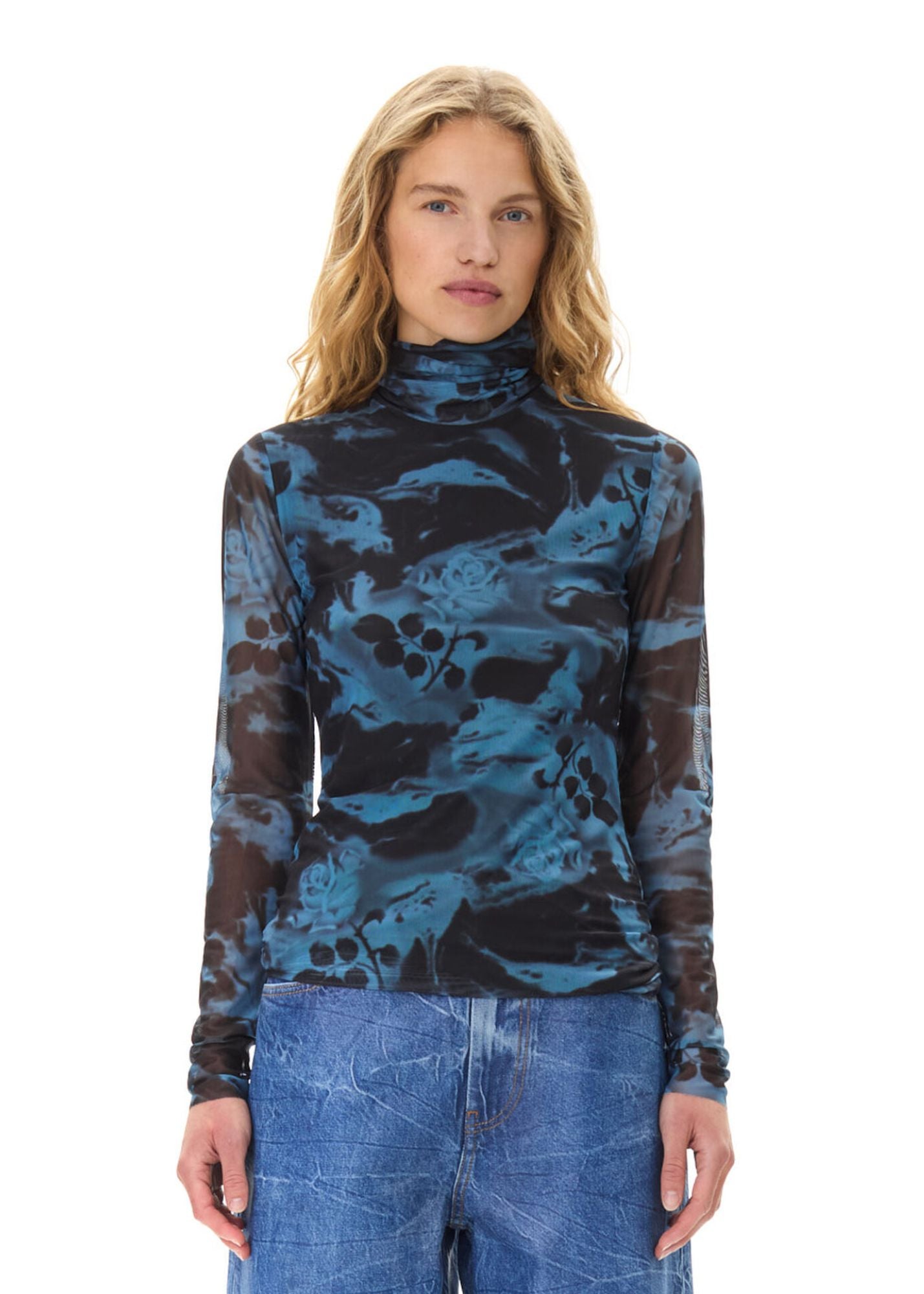 GANNI BLUE SHADOW PRINTED LONG SLEEVE ROLLNECK TOP