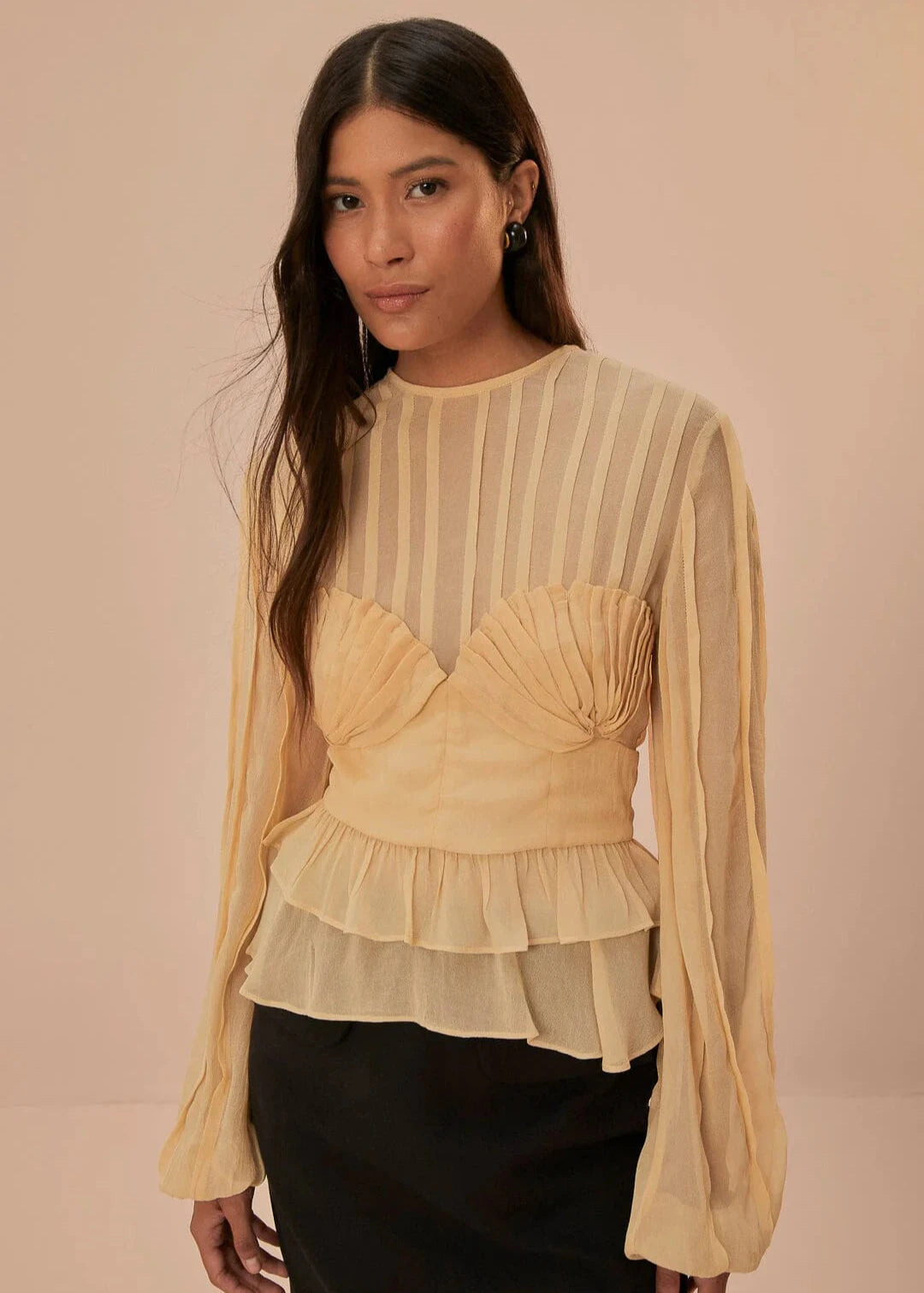 FARM RIO BEIGE PLEATED BUST BLOUSE