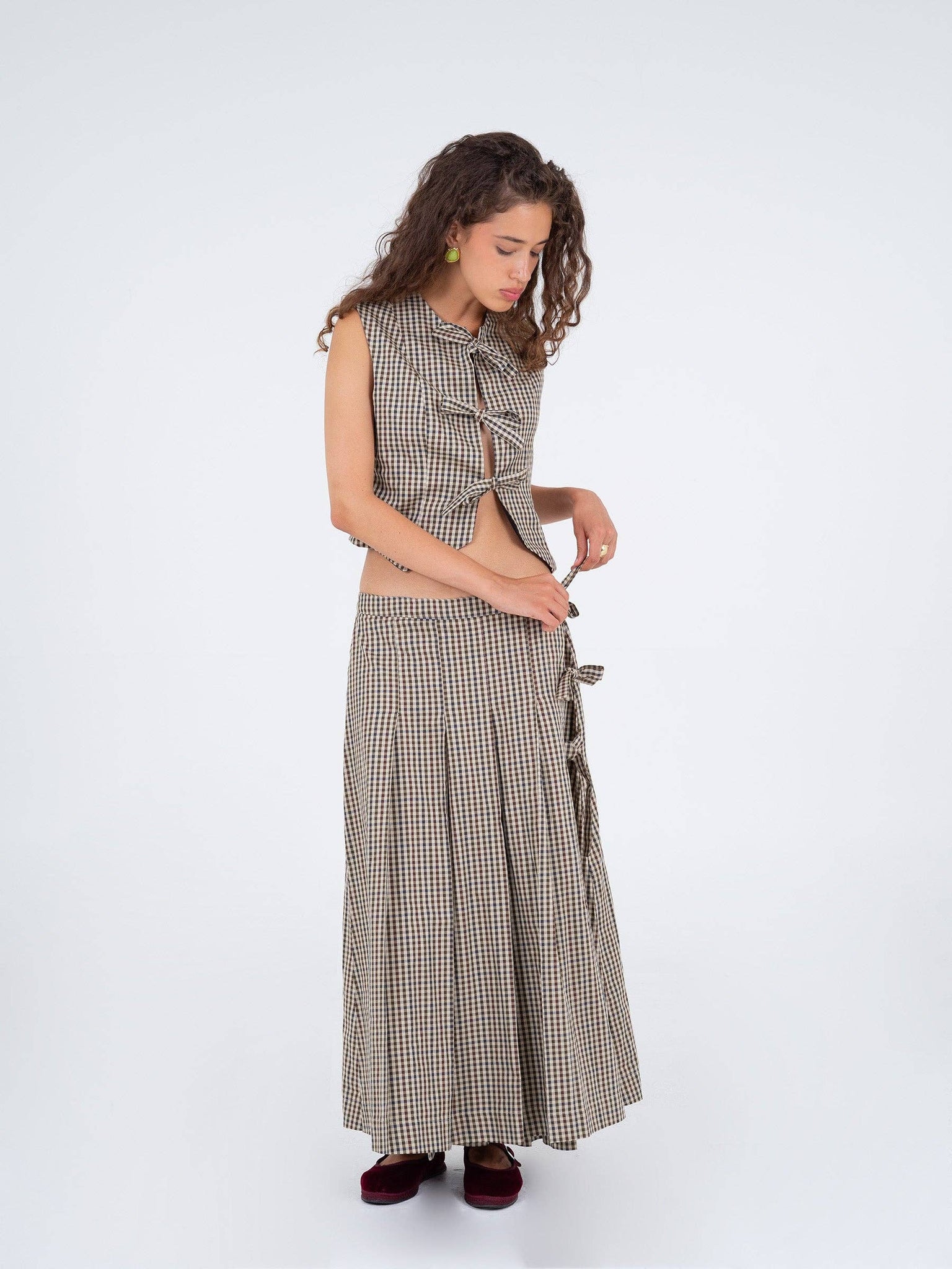 HEATHER GINGHAM PLEATED MAXI SKIRT