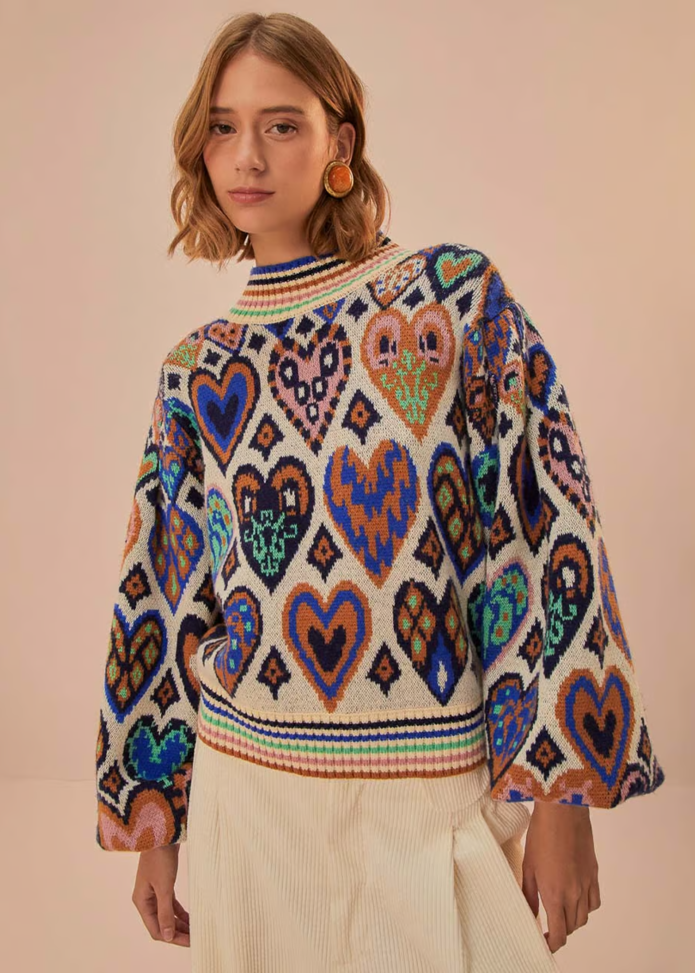 FARM RIO HEARTS IKAT CREAM KNIT SWEATER