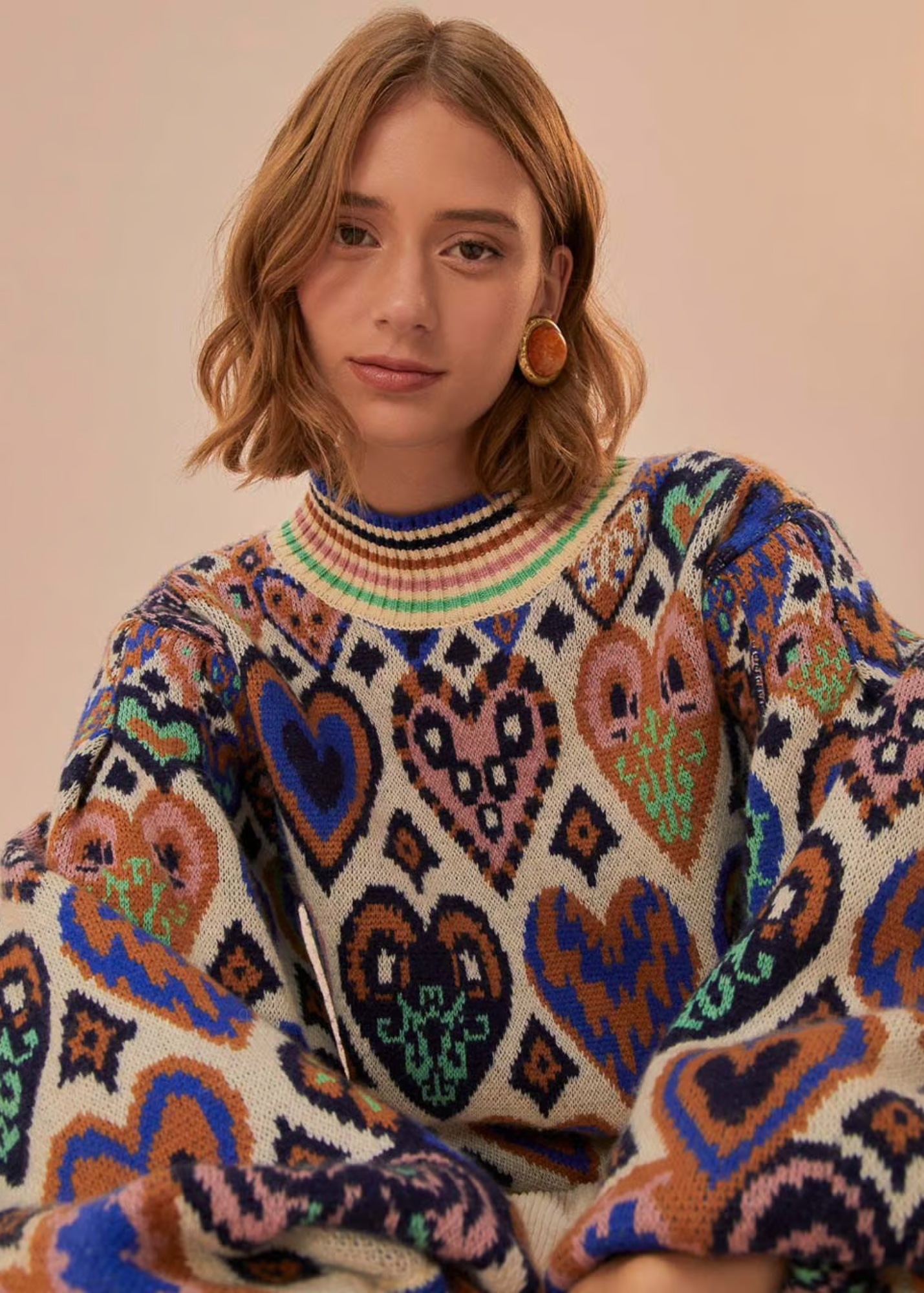 FARM RIO HEARTS IKAT CREAM KNIT SWEATER