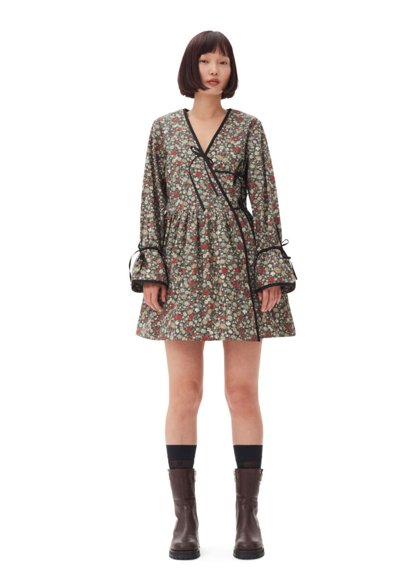 GANNI PRINTED COTTON MINI WRAP DRESS