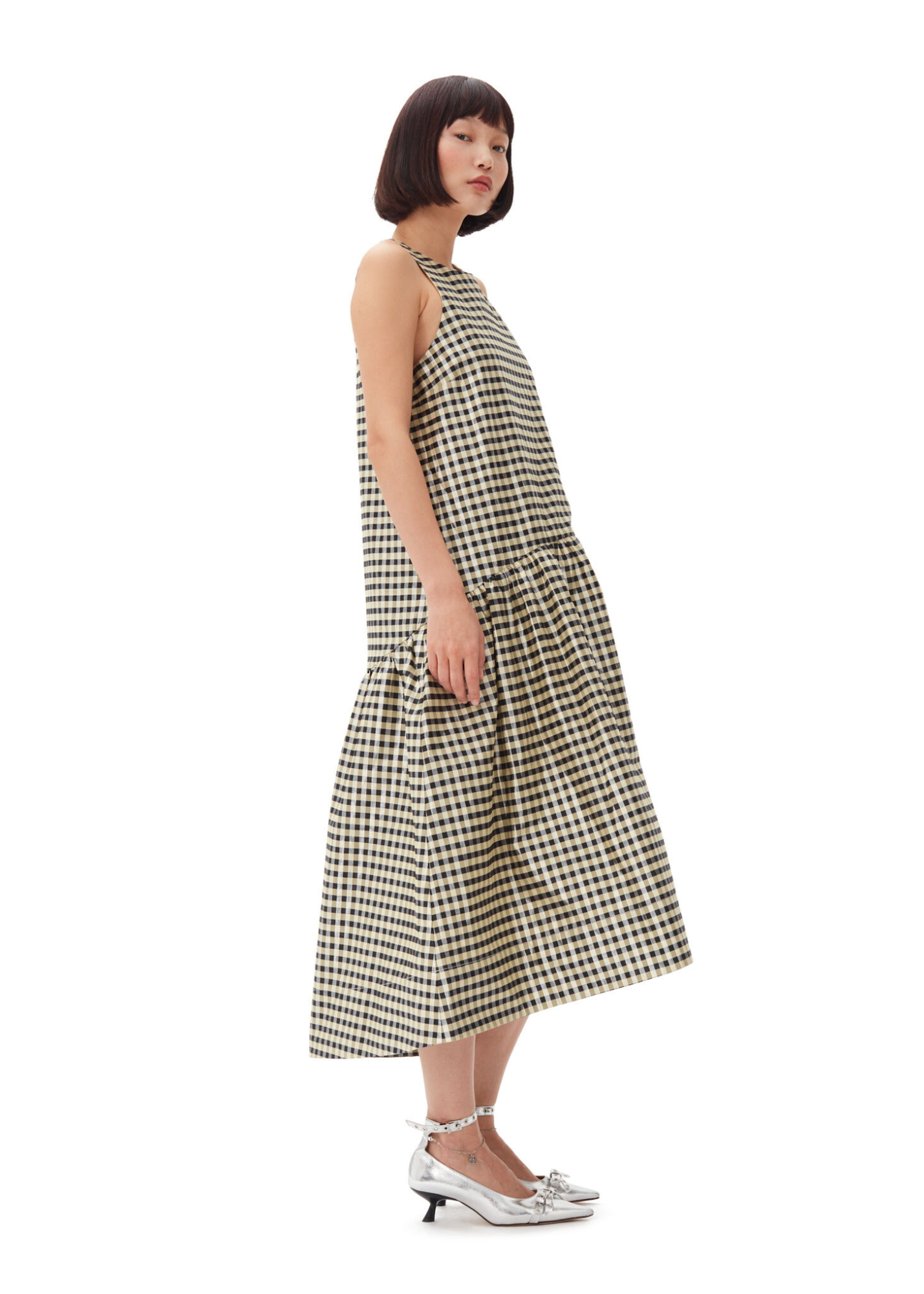 GANNI SHINY CHECK JACQUARD MIDI DRESS