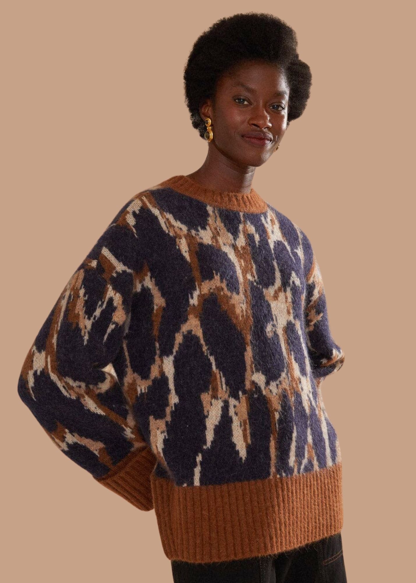 NEW Farm shops Rio Turtleneck Cutout Sweater Puff Sleeves Monstera Leopard Print Combo