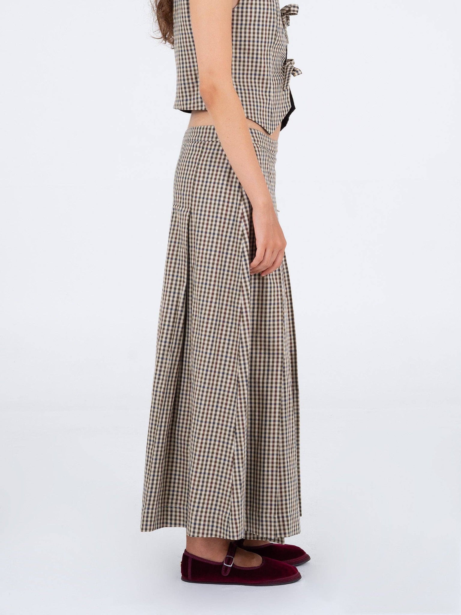 HEATHER GINGHAM PLEATED MAXI SKIRT