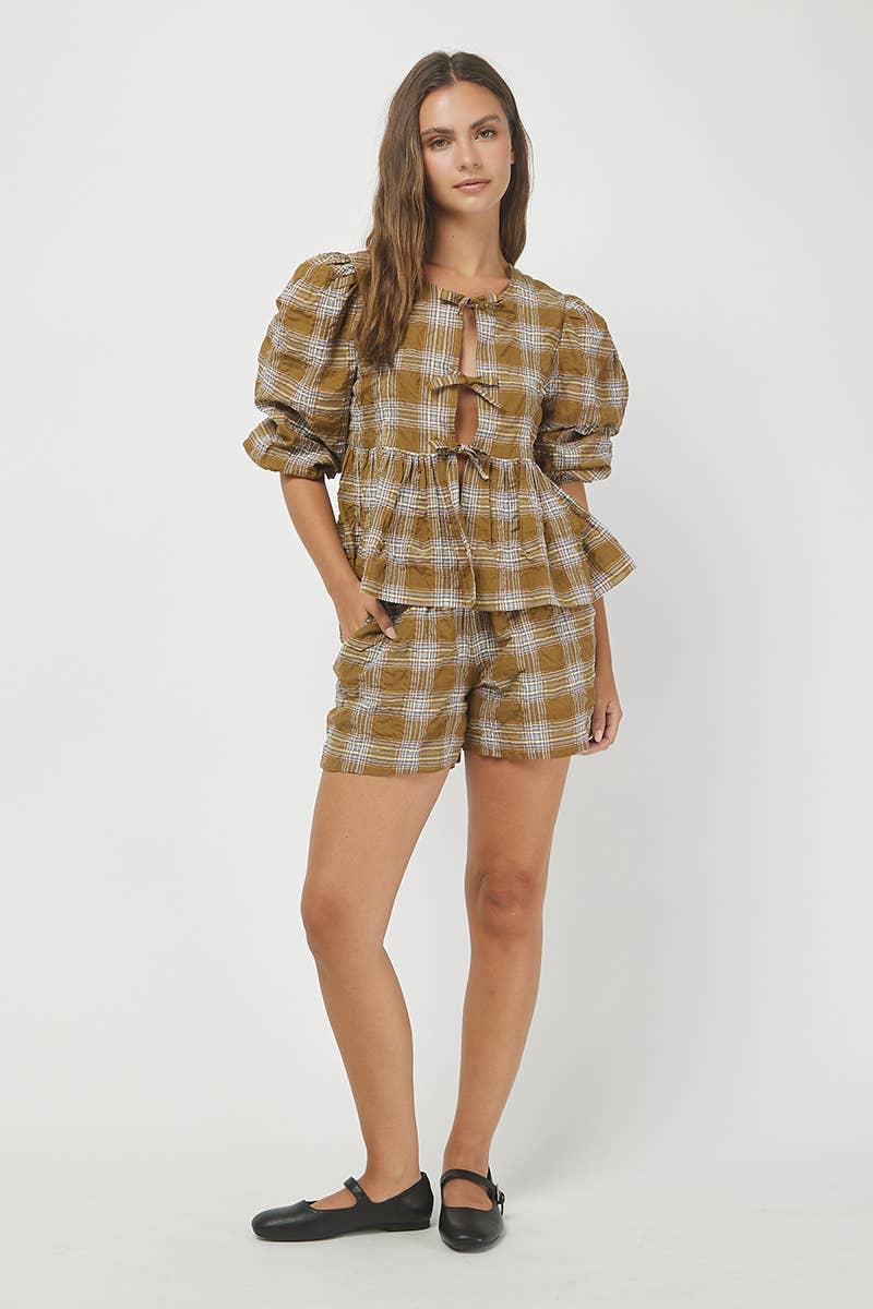 NEELY PLAID PUFF SLEEVE TOP