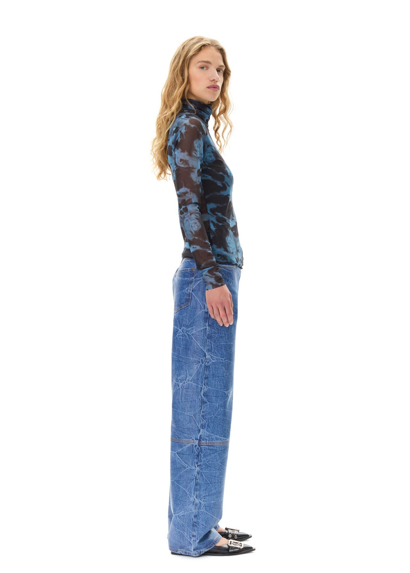 GANNI BLUE SHADOW PRINTED LONG SLEEVE ROLLNECK TOP