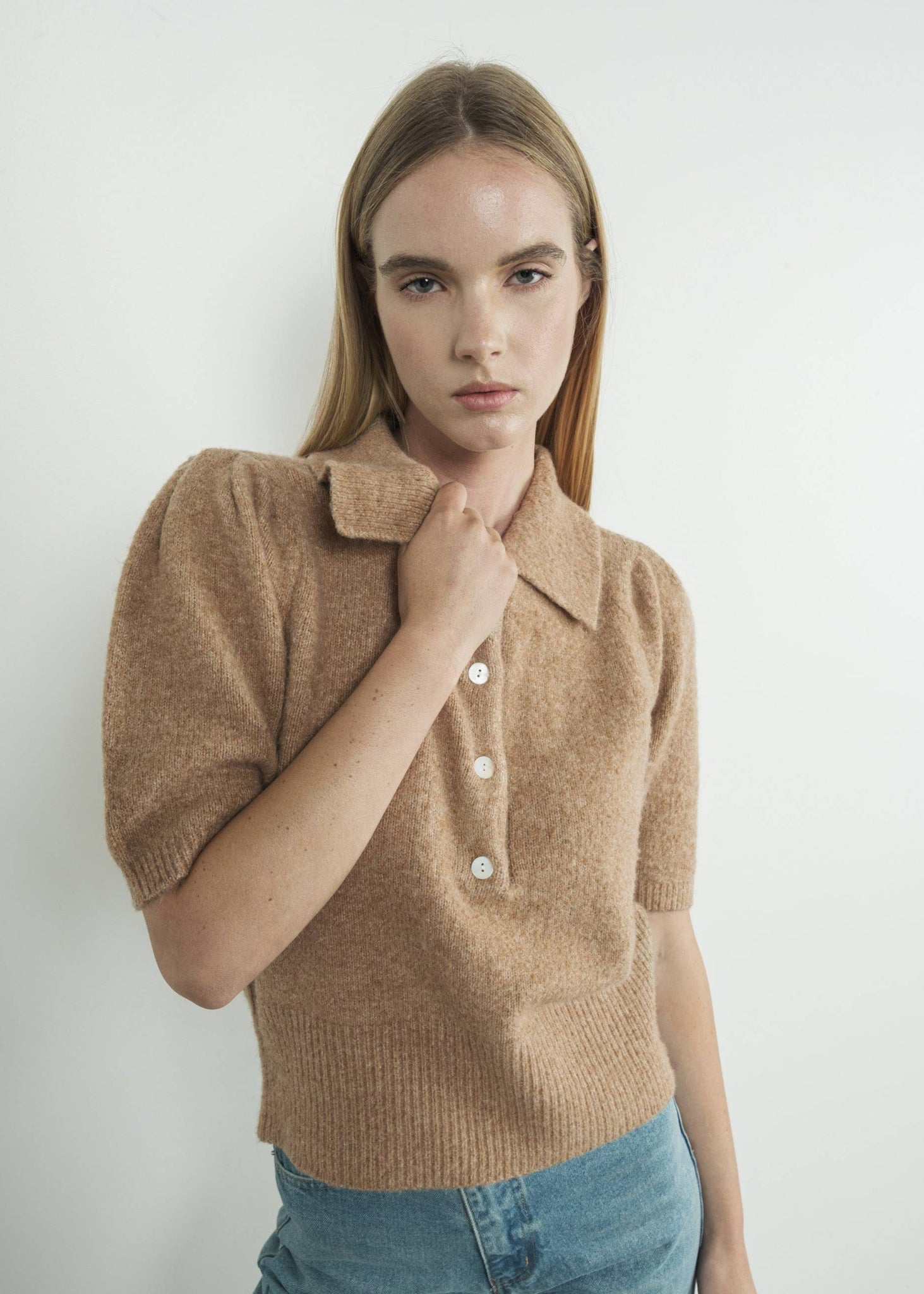 CARLIE PUFF SLEEVE POLO SWEATER