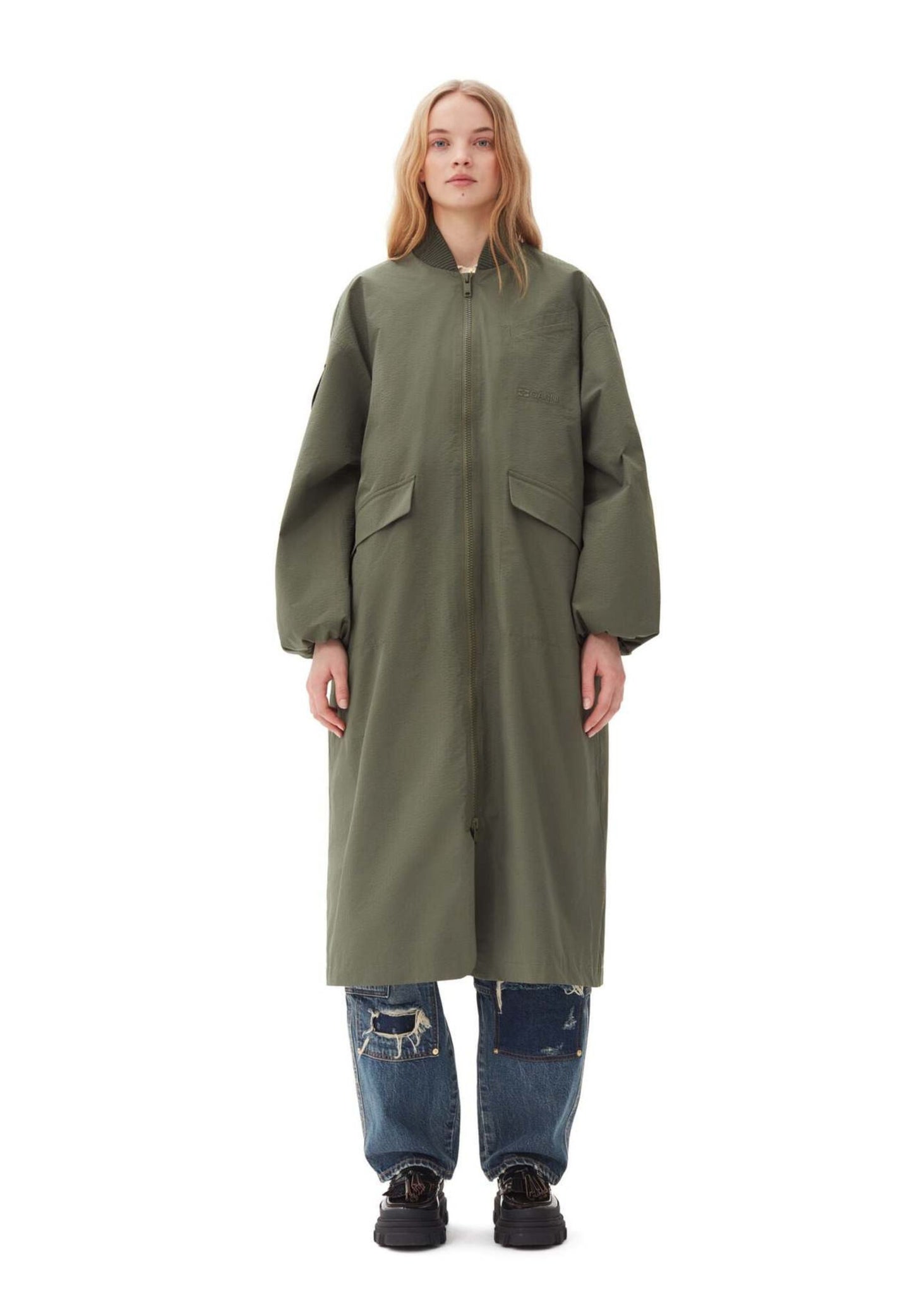 GANNI TECH SEERSUCKER OVERSIZED SHELL COAT