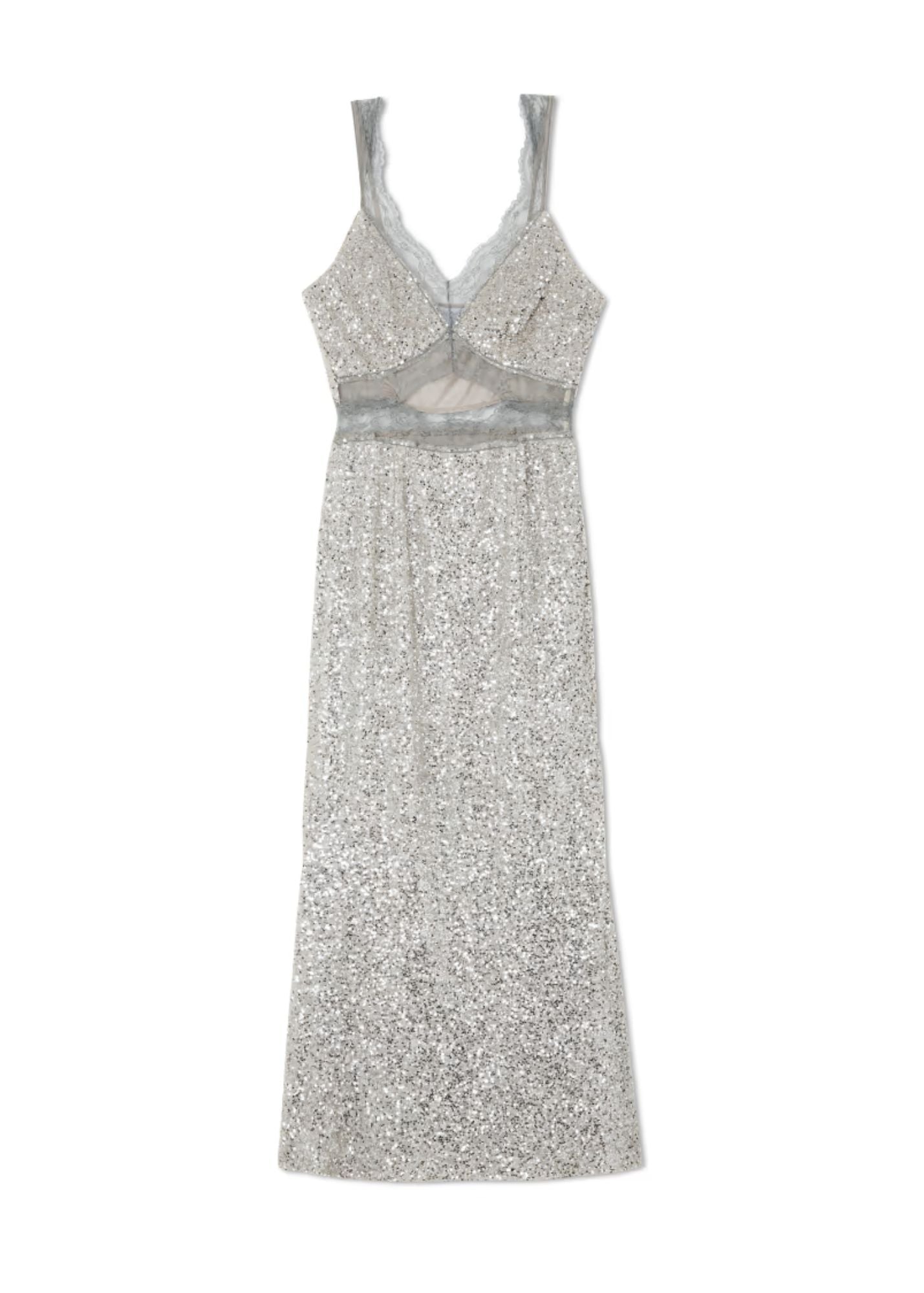 NEVER FULLY DRESSED MIMI SILVER SEQUIN DRESS