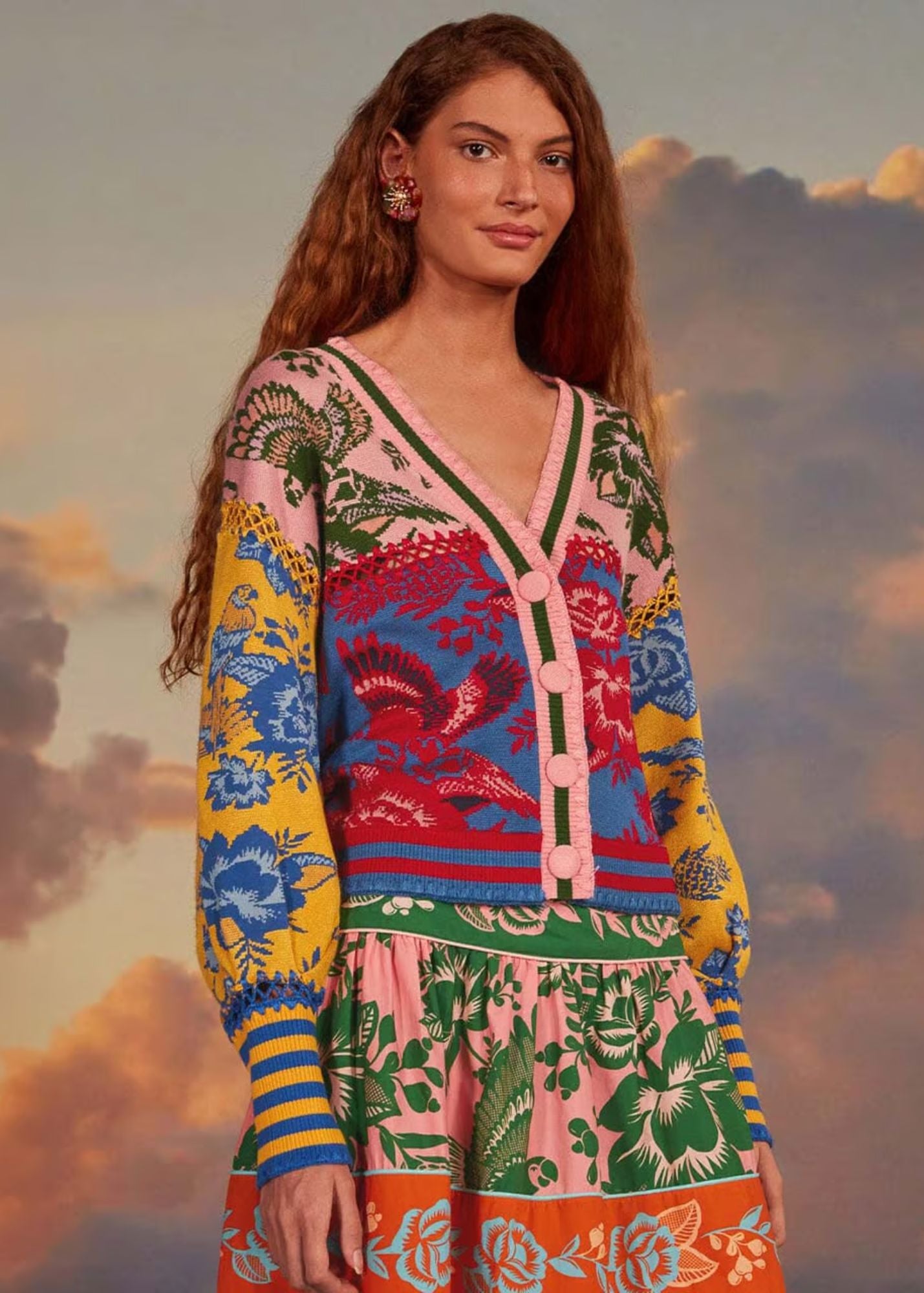 FARM RIO FLORAL DE RENDA PATCH KNIT CARDIGAN