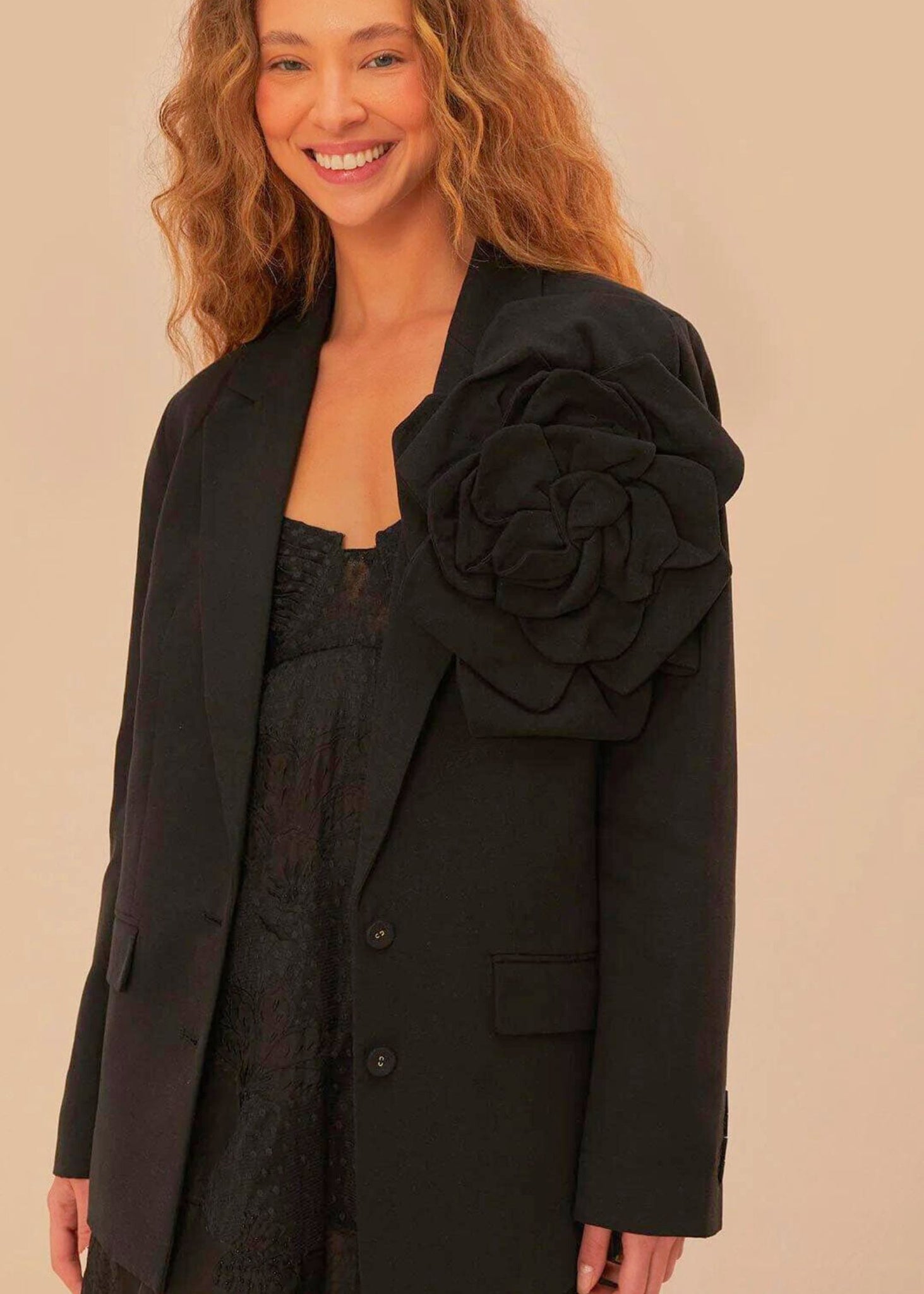 FARM RIO BLACK FLOWERED BLAZER