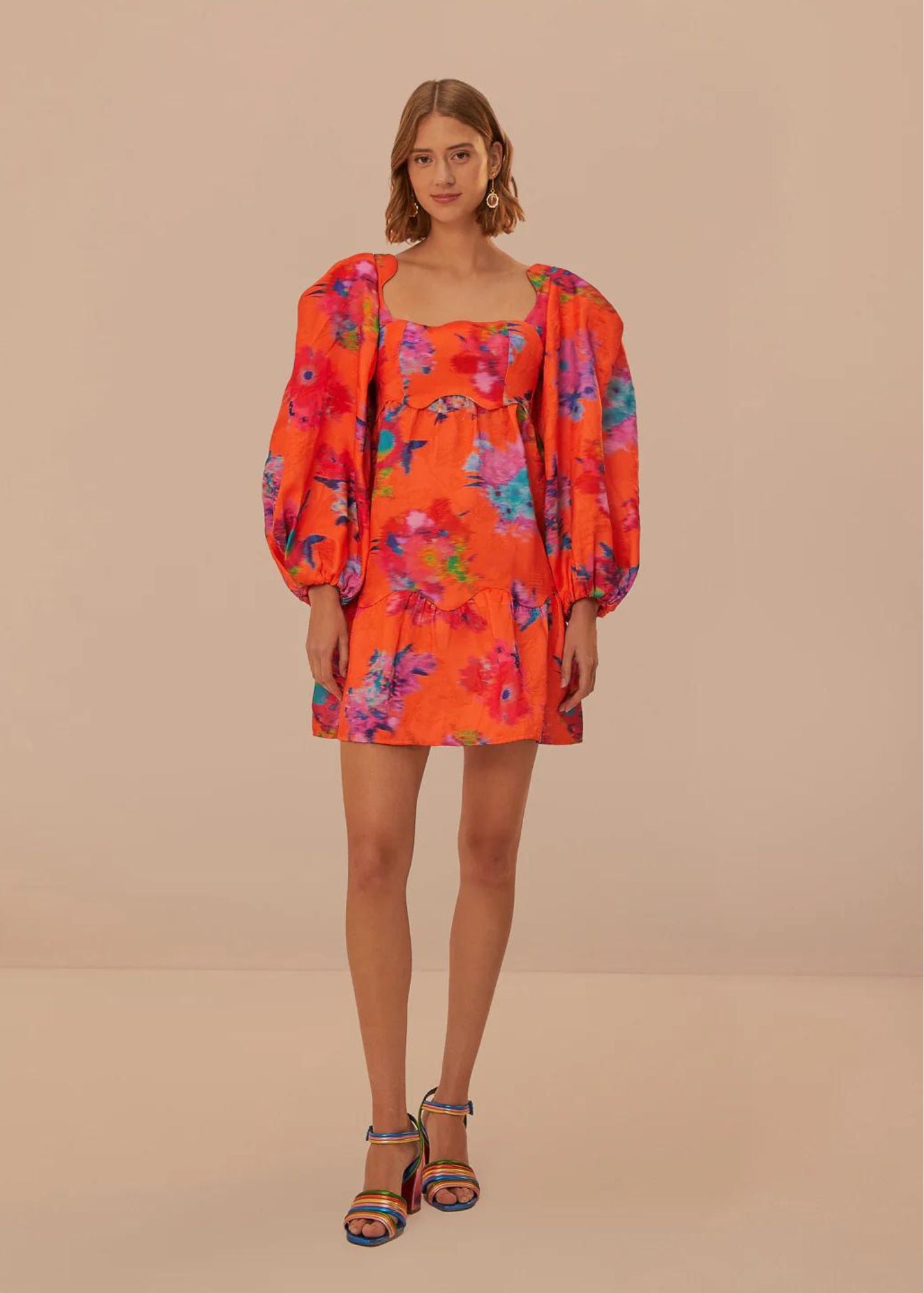 FARM RIO BOUQUET IKAT ORANGE BROCADE LONG SLEEVE MINI DRESS