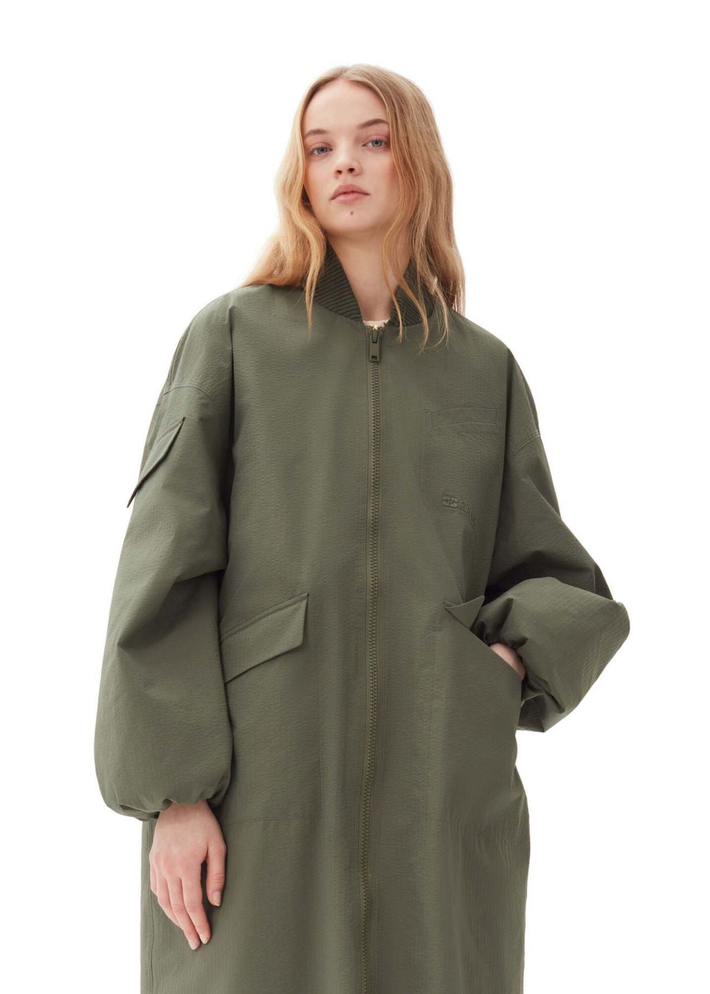 GANNI TECH SEERSUCKER OVERSIZED SHELL COAT