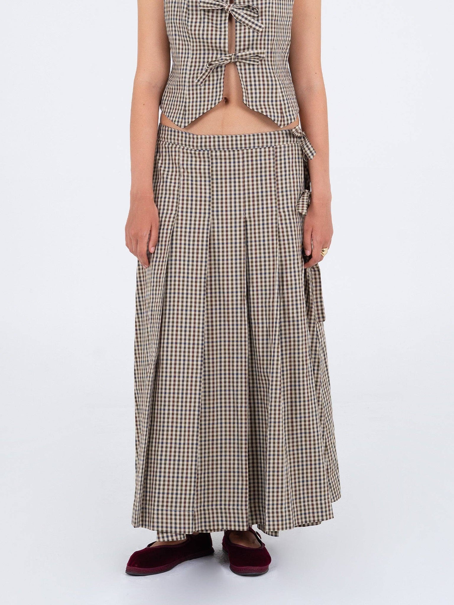 HEATHER GINGHAM PLEATED MAXI SKIRT