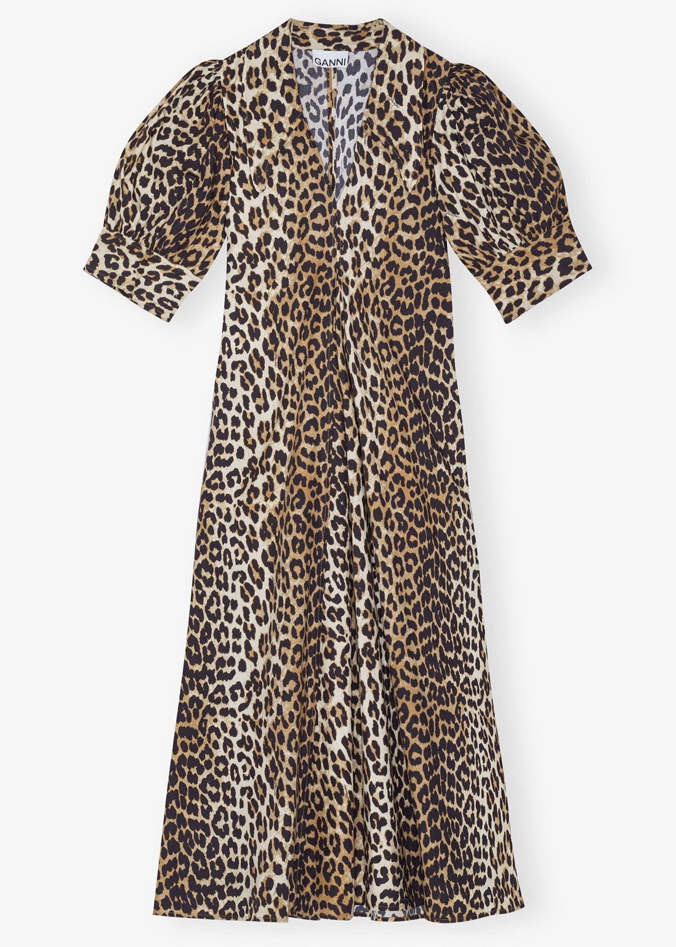 GANNI PRINTED COTTON POPLIN V-NECK DRESS