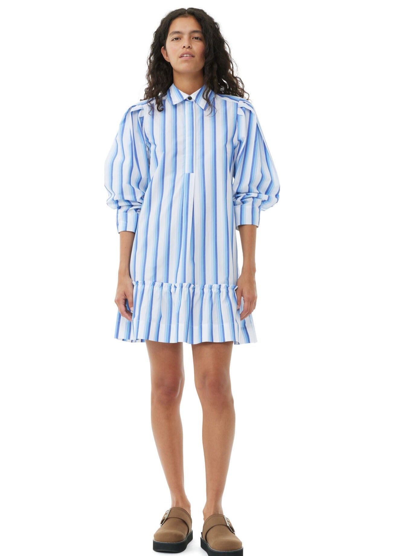 GANNI STRIPE COTTON MINI SHIRT DRESS