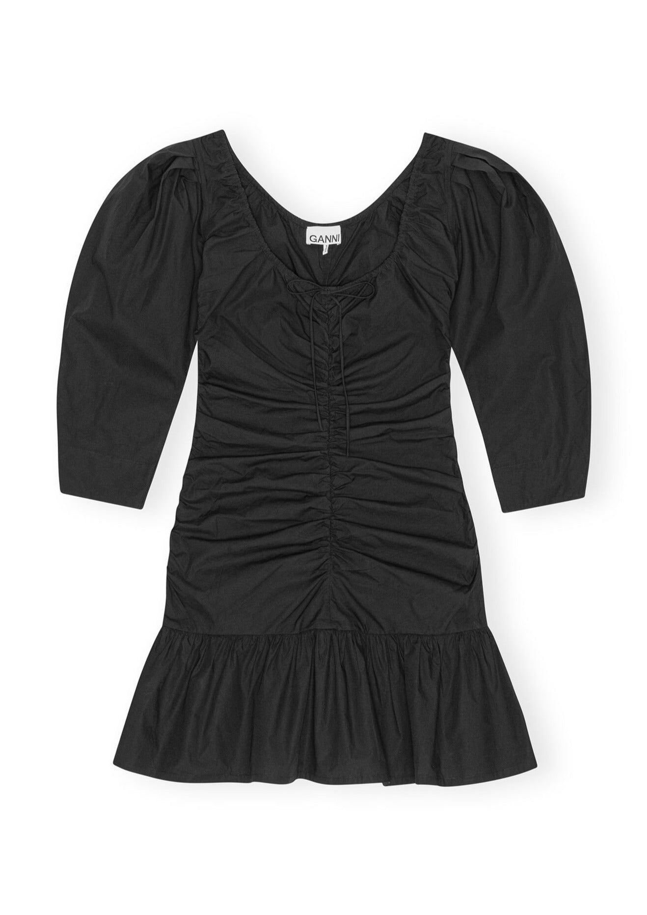 GANNI BLACK COTTON POPLIN GATHERED U-NECK MINI DRESS