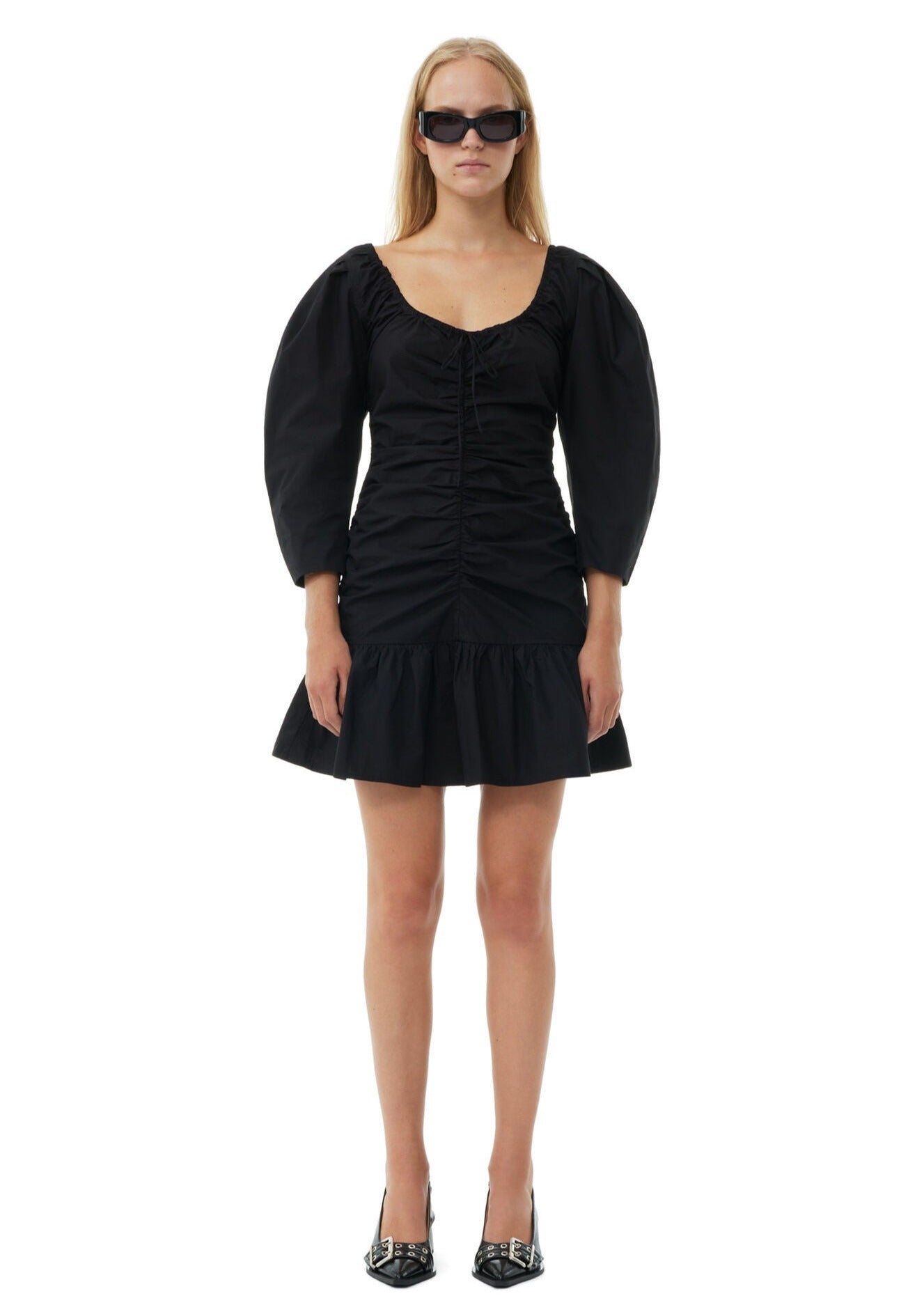 GANNI BLACK COTTON POPLIN GATHERED U-NECK MINI DRESS