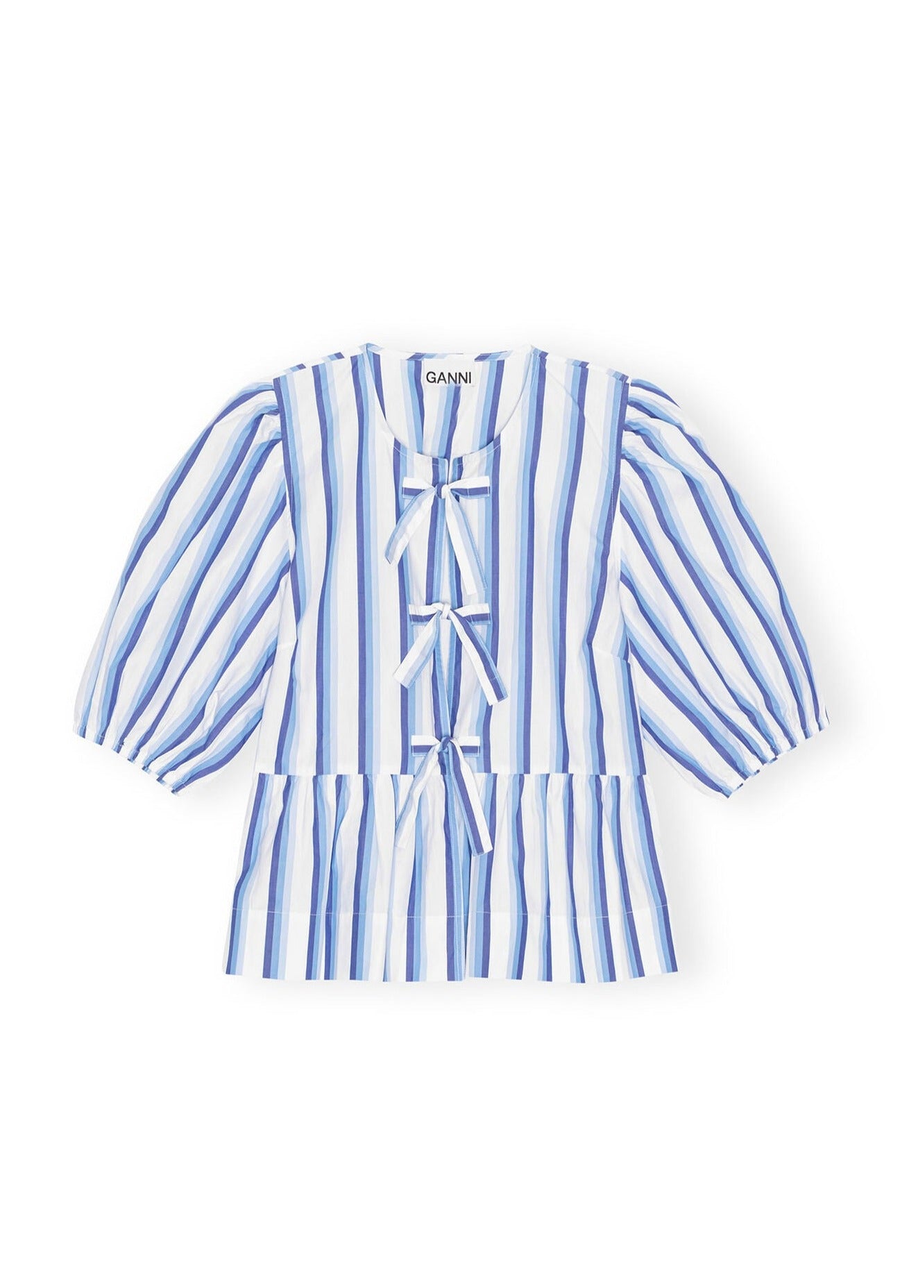 GANNI BLUE STRIPED COTTON PEPLUM PUFF SLEEVE BLOUSE