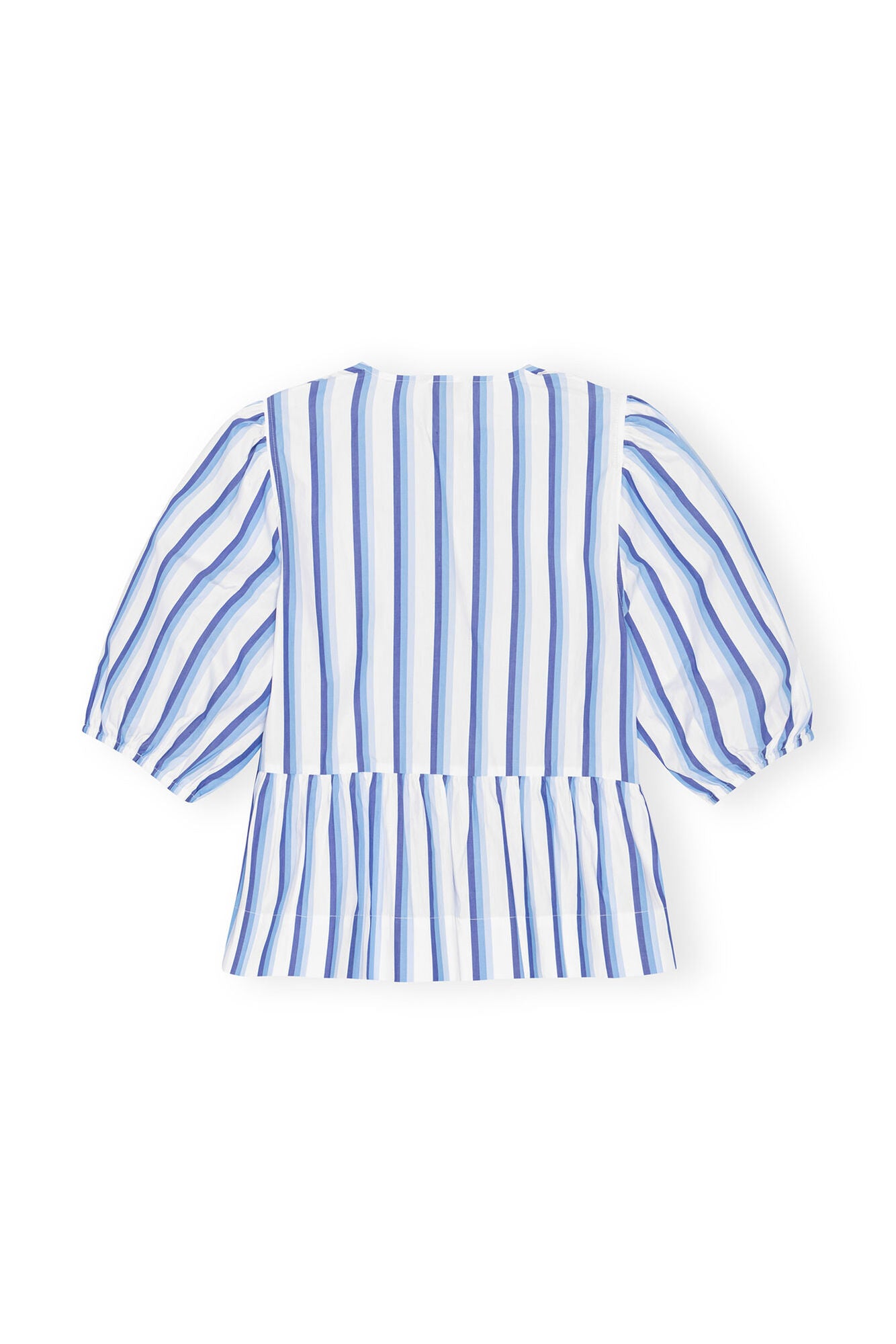 GANNI BLUE STRIPED COTTON PEPLUM PUFF SLEEVE BLOUSE