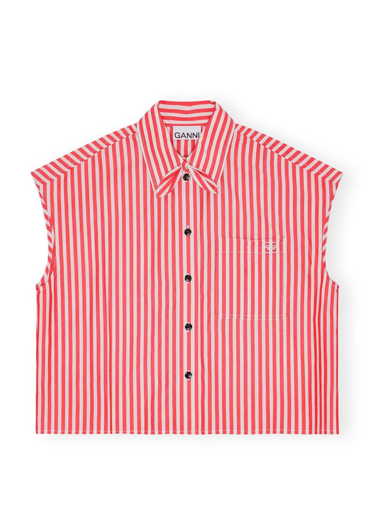 GANNI STRIPE COTTON TIE COLLAR SHIRT