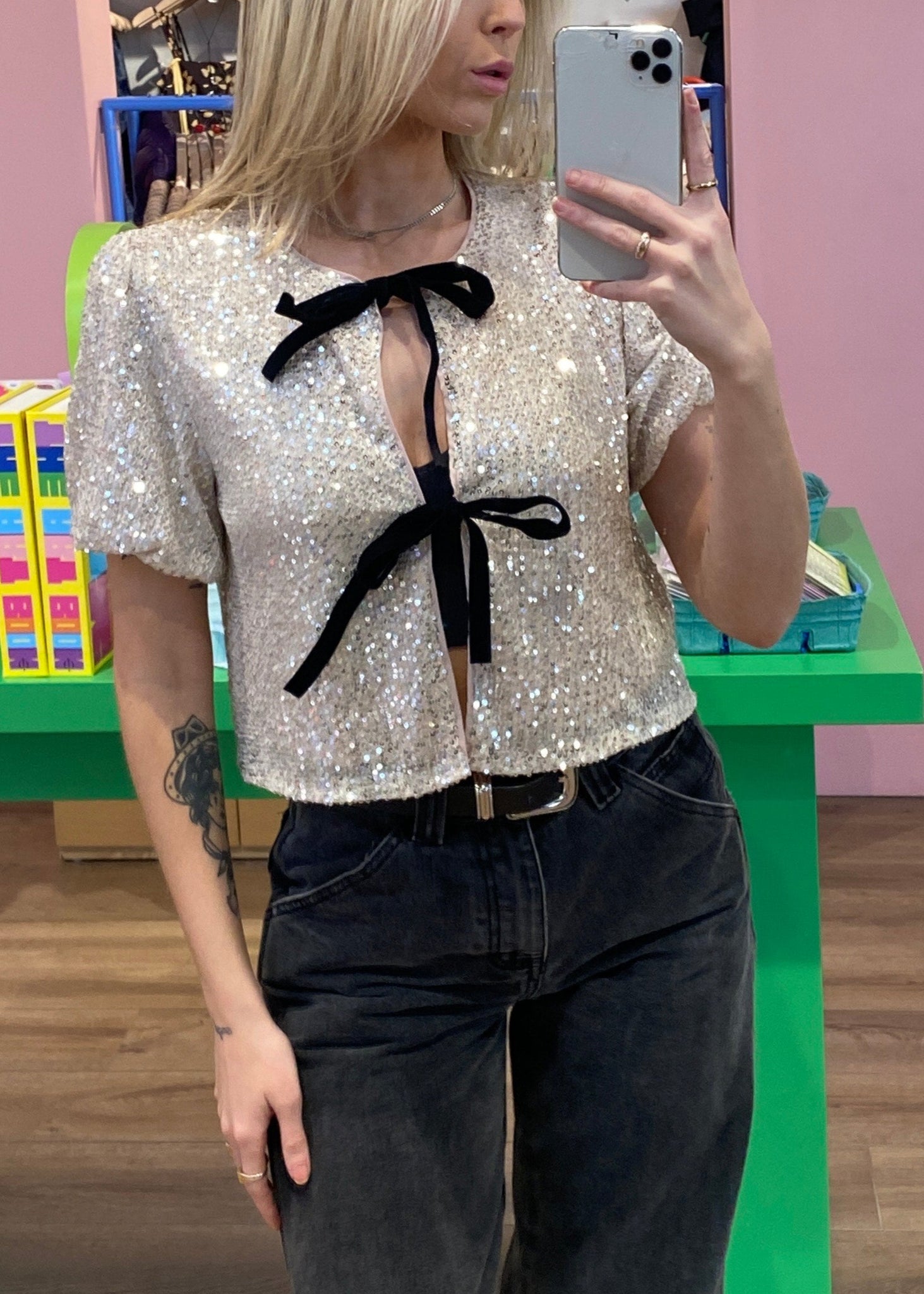 LAINA BOW-FRONT SEQUIN TOP