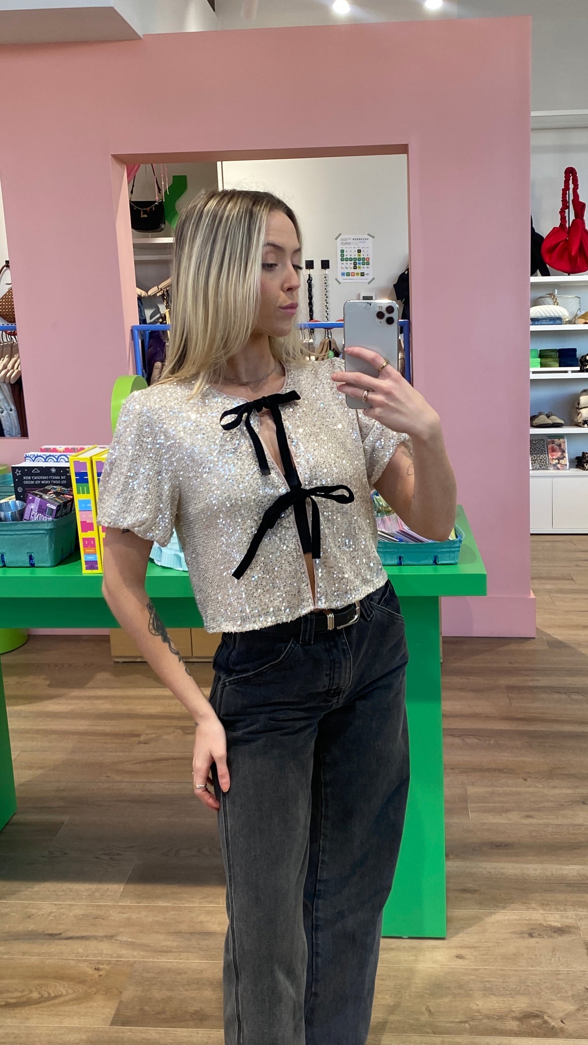 LAINA BOW-FRONT SEQUIN TOP