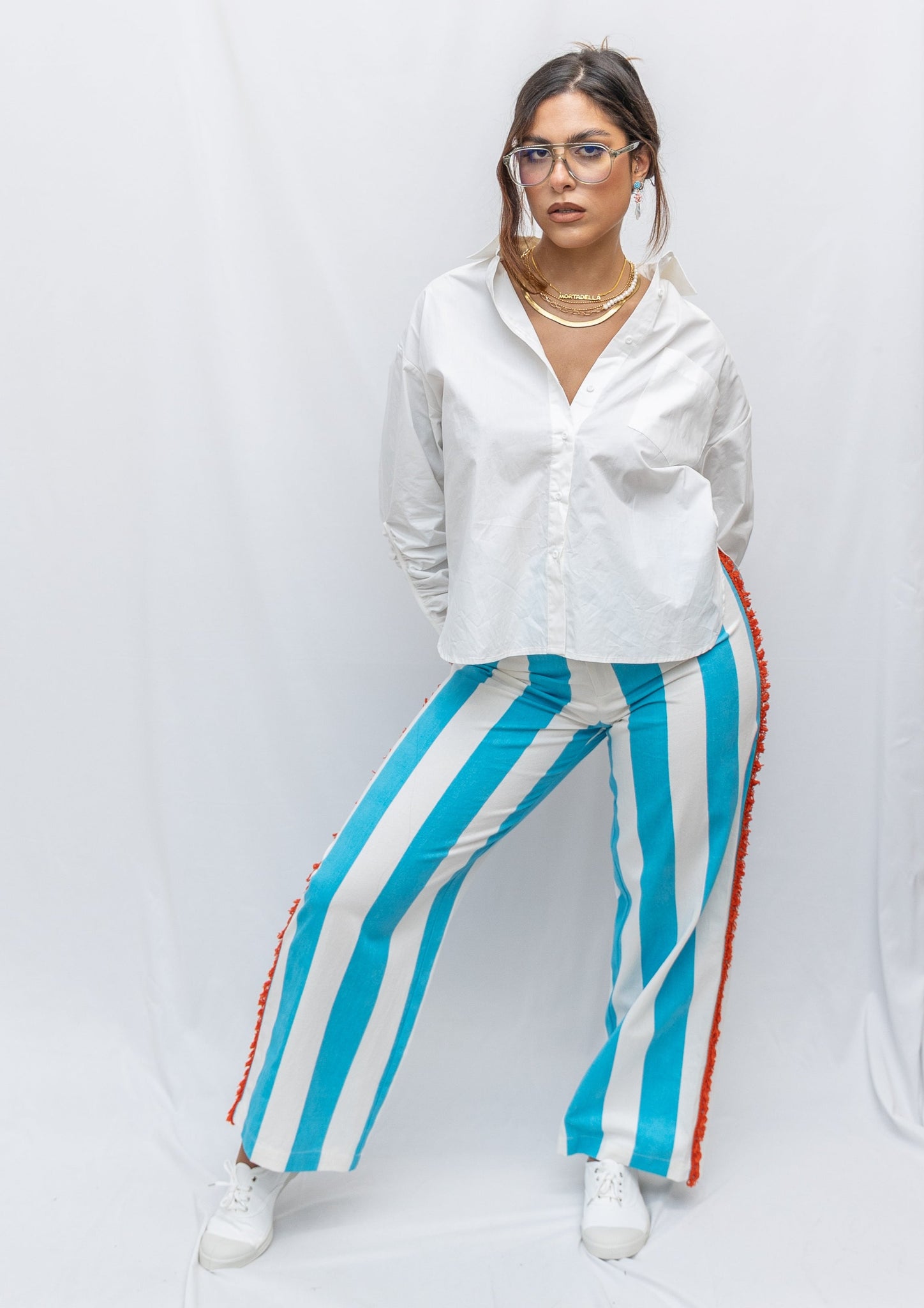 NEVER FULLY DRESSED MARRA STRIPED TROUSERS