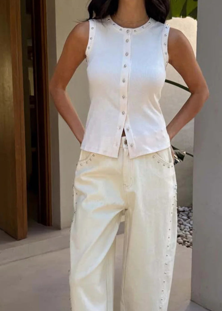 ECRU STUDDED BUTTON TANK