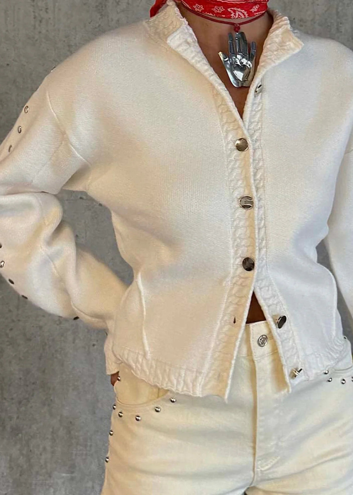 ECRU STUDDED CARDIGAN