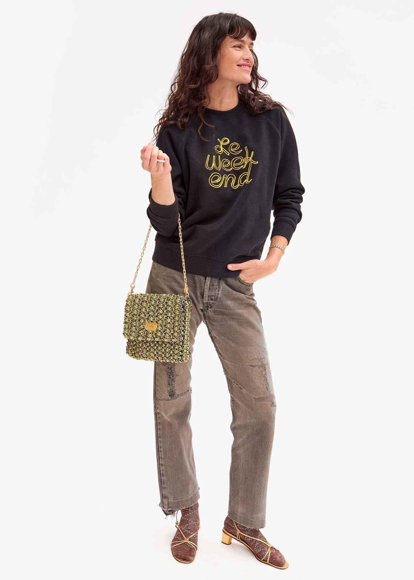 CLARE V. EMBROIDERED LE WEEKEND SWEATSHIRT