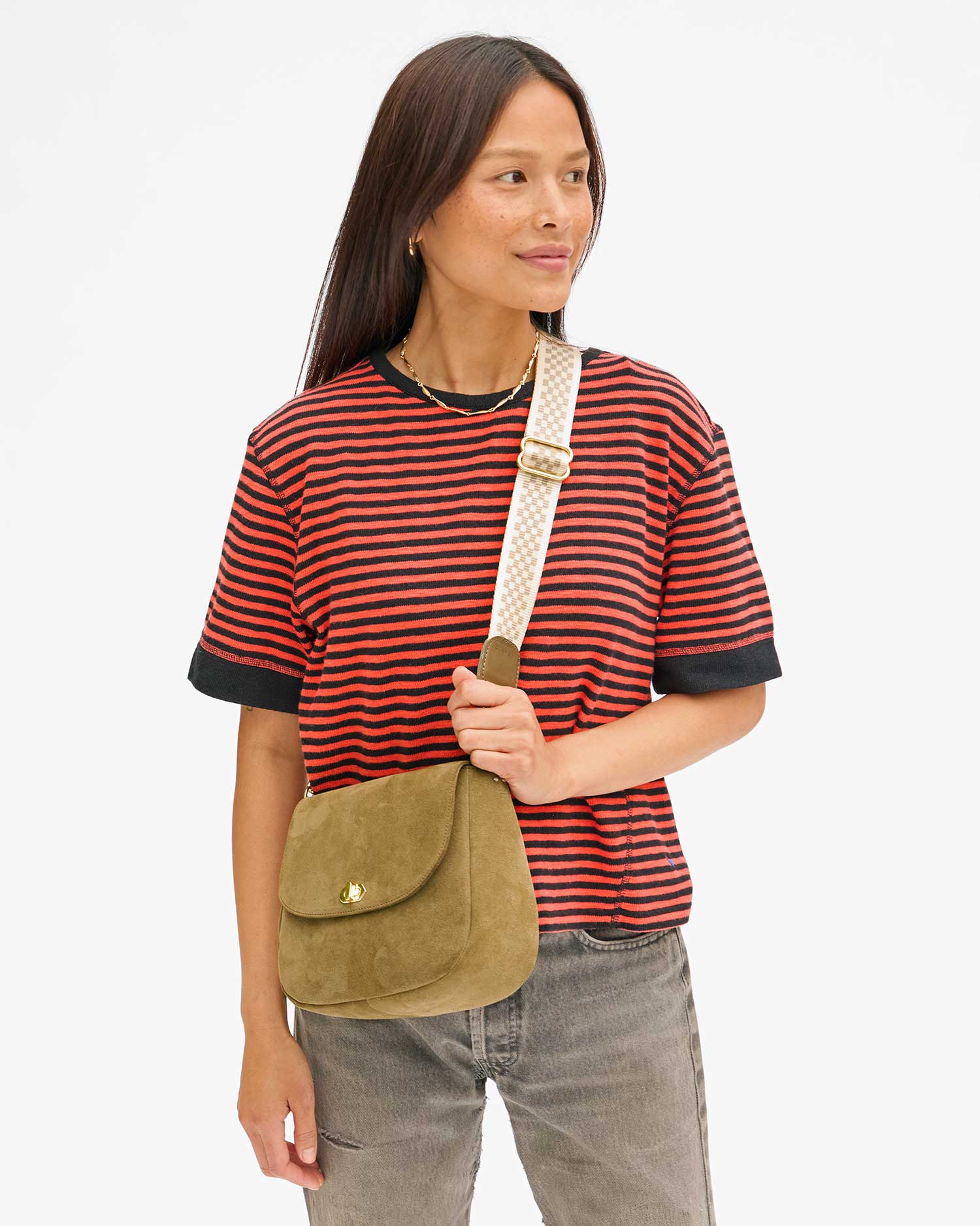 CLARE V. ADJUSTABLE CHECKER CROSSBODY STRAP