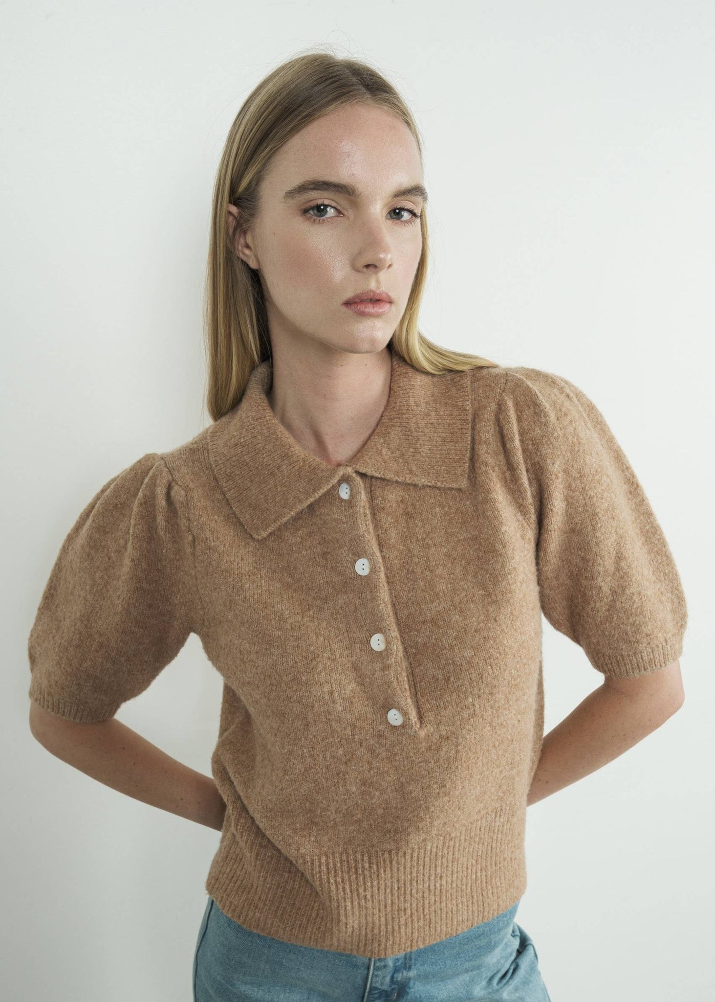 CARLIE PUFF SLEEVE POLO SWEATER