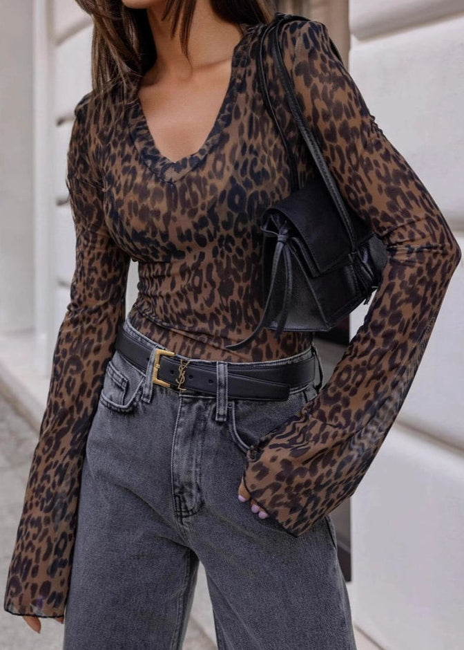 LEOPARD SHEER V-NECK FLUTTER SLEEVE BLOUSE
