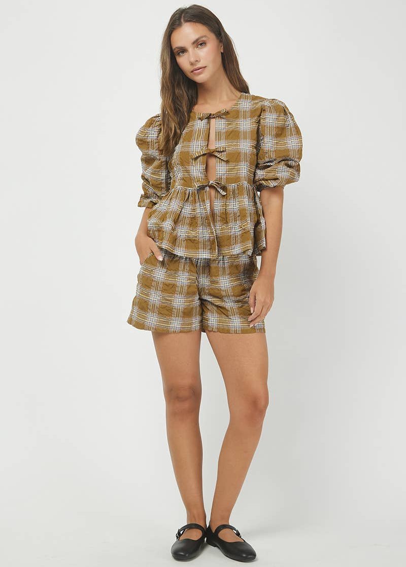 NEELY PLAID PUFF SLEEVE TOP