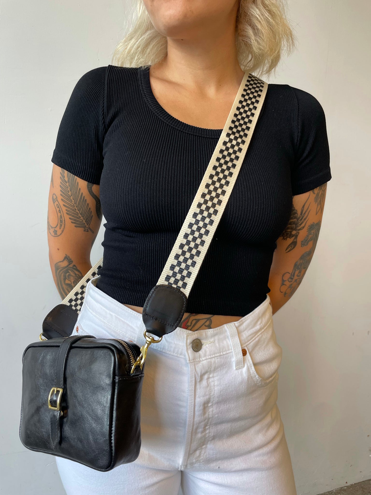 Clare V. Crossbody Strap - Black/Cream Checker on Garmentory